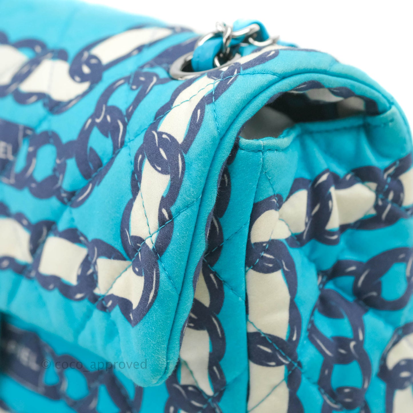 Chanel Medium Single Flap Chain Printed in Blue Silk Gun Metal