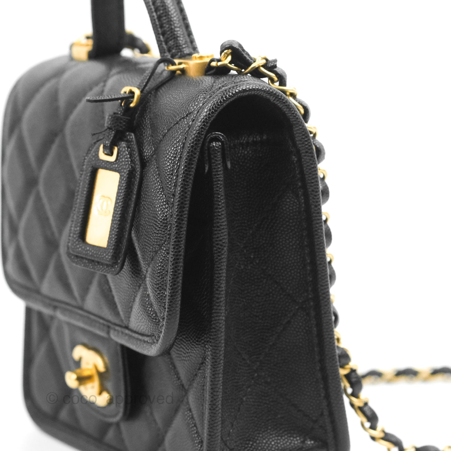 Chanel Mini School Memory Top Handle Flap Bag Black Caviar Aged Gold Hardware