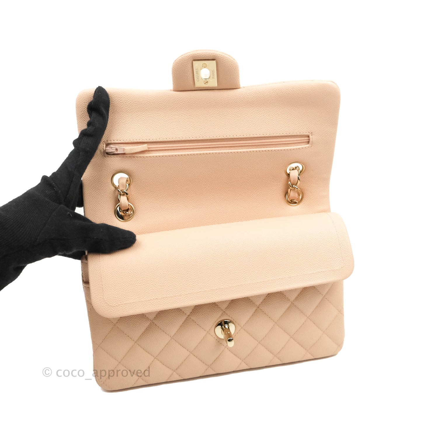 Chanel Small Classic Quilted Flap Light Beige Pink Caviar Gold Hardware 22C