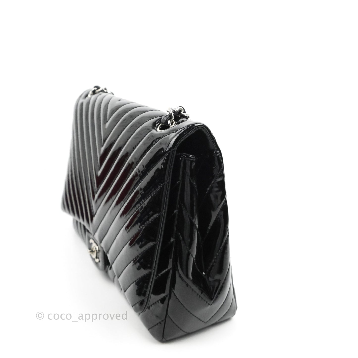 Chanel Single Flap Maxi Chevron Black Patent Silver Hardware