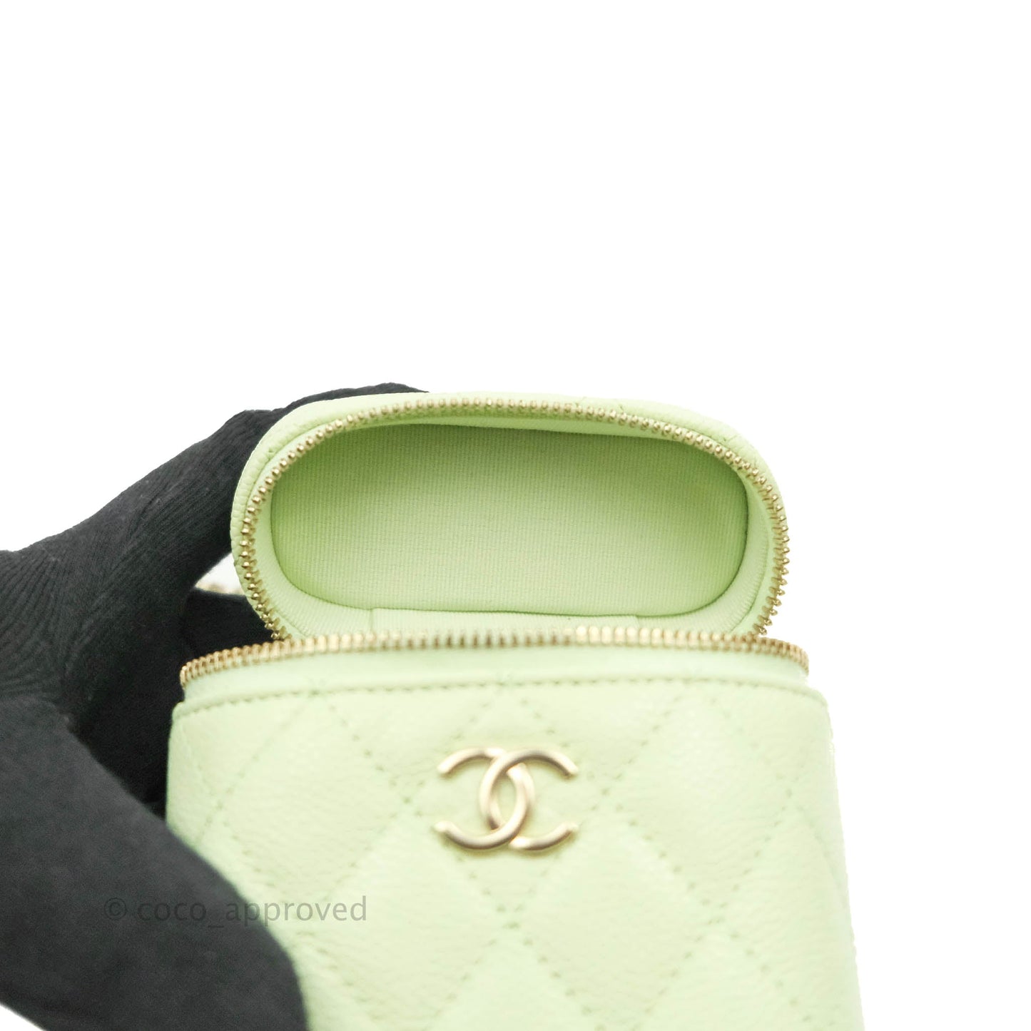 Chanel Quilted Small Handle With Care Vanity Case With Chain Green Caviar Gold Hardware