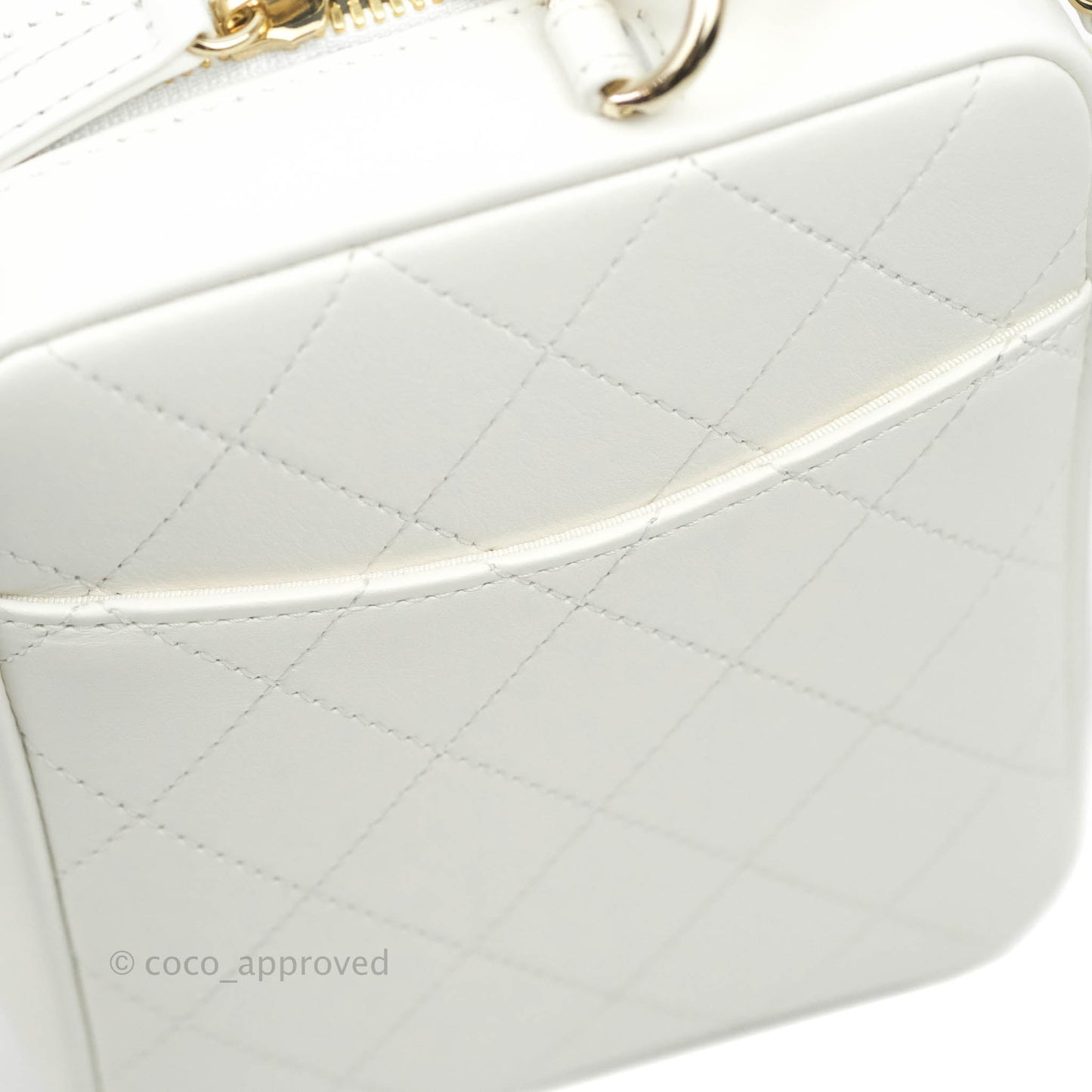 Chanel Circular Handle Zip Around Vanity Case White Calfskin Gold Hardware 20S