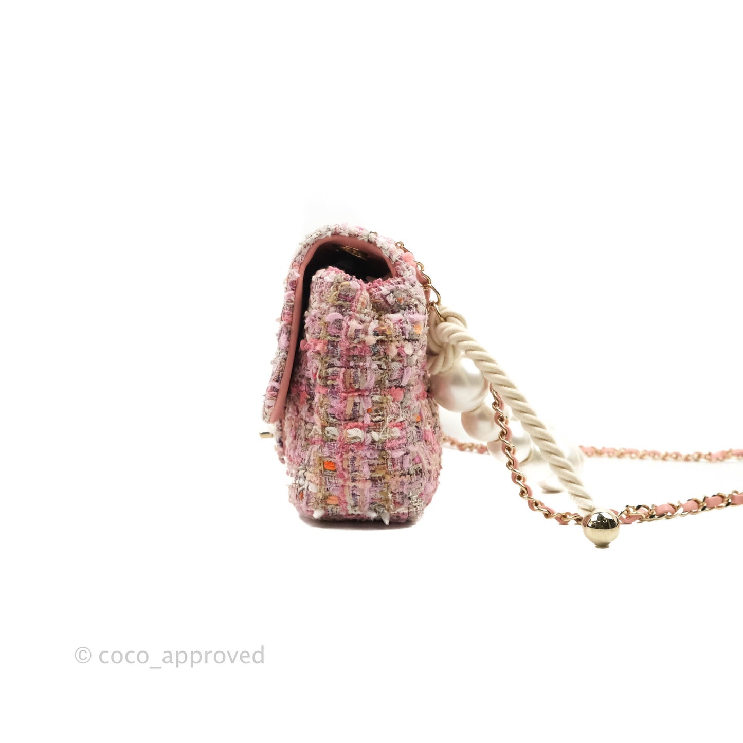 Chanel Medium Pink Tweed Flap Bag With Large Pearl Handle Gold Hardware