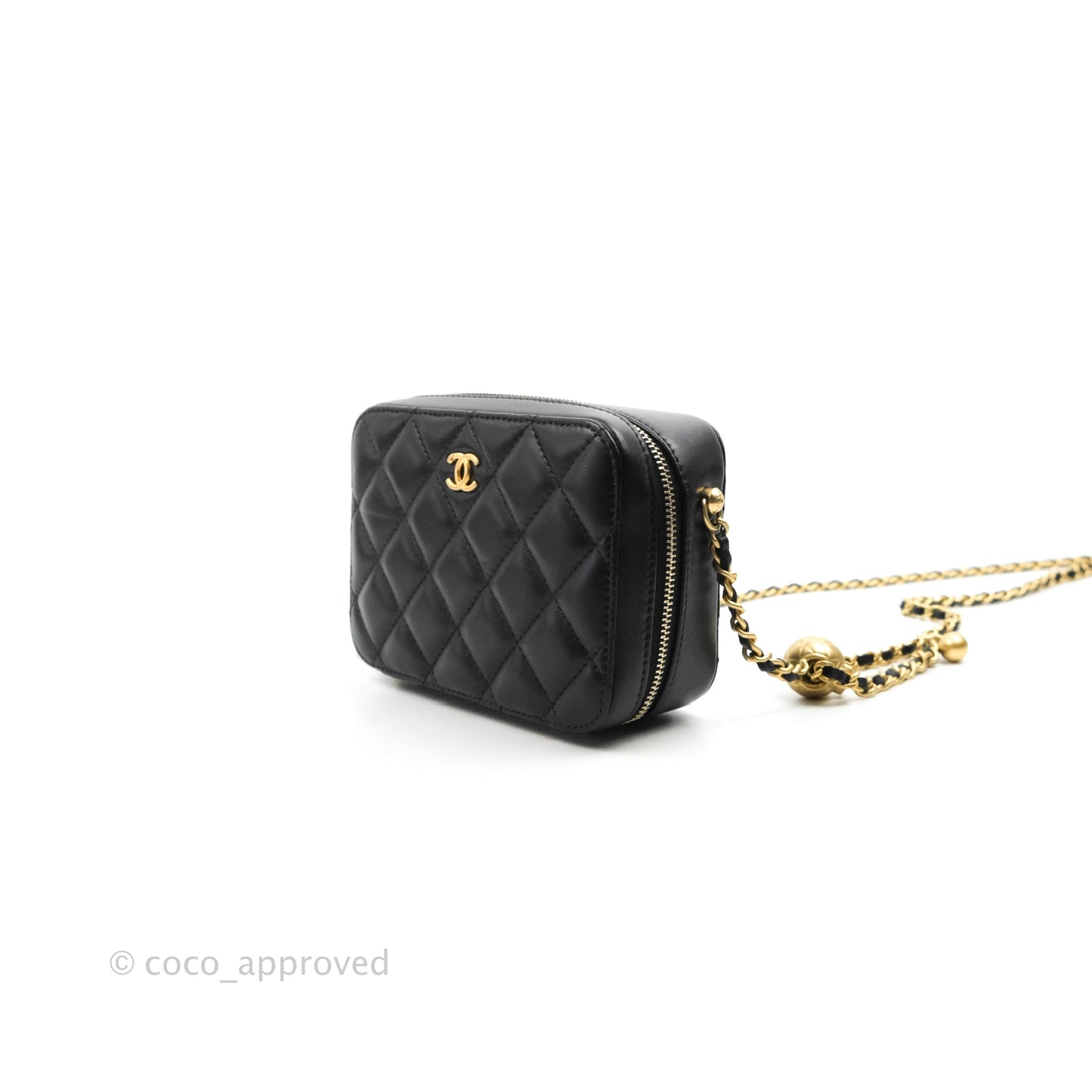 Chanel Mini Pearl Crush Quilted Camera Case Black Lambskin Aged Gold Hardware