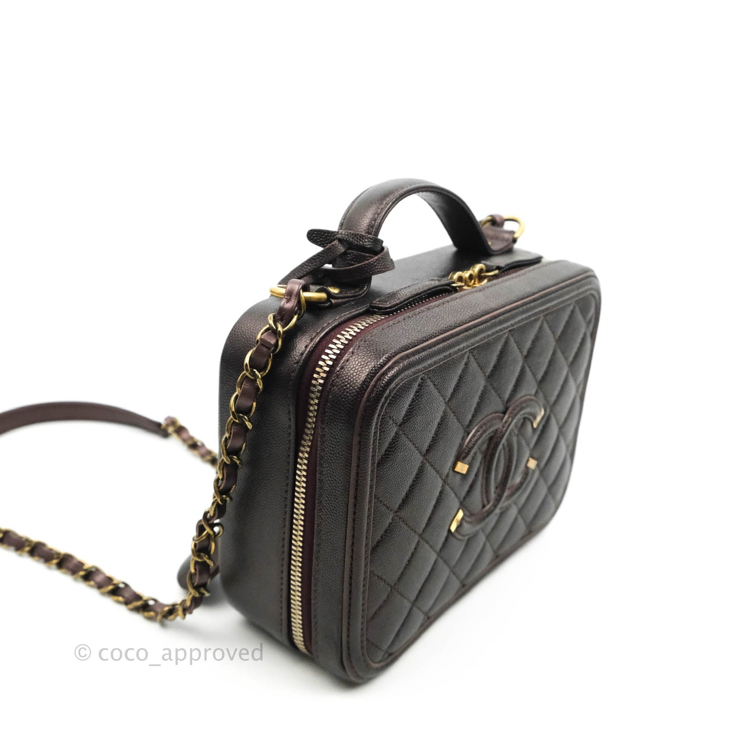 Chanel Quilted Medium CC Filigree Vanity Case Iridescent Burgundy Caviar Gold Hardware