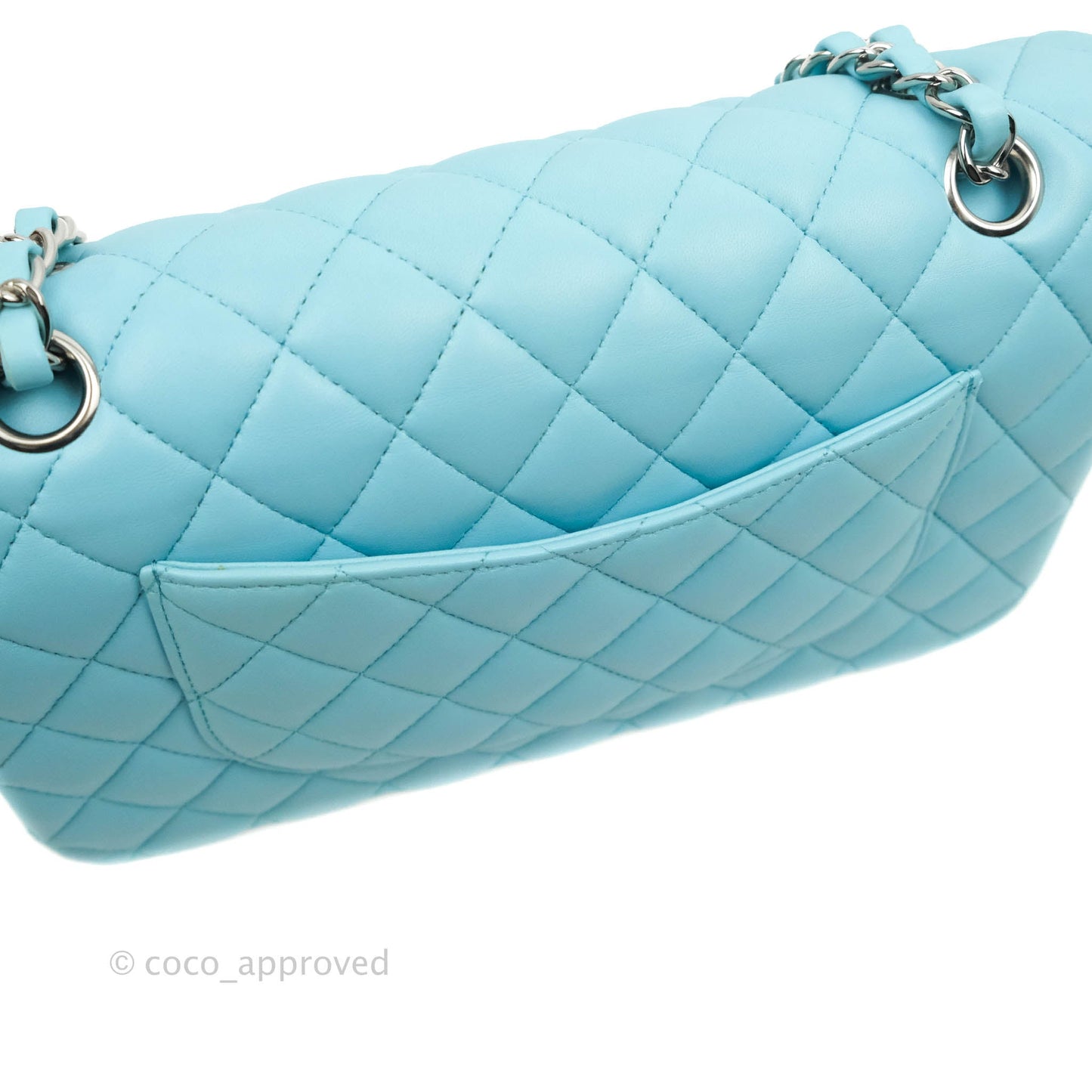 Chanel Classic M/L Medium Double Flap Tiffany Neon Blue Lambskin Silver Hardware 21S
