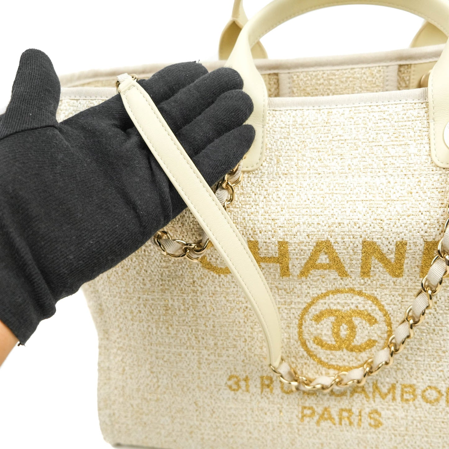 Chanel Large Deauville Iridescent Gold Beige Canvas Gold Hardware
