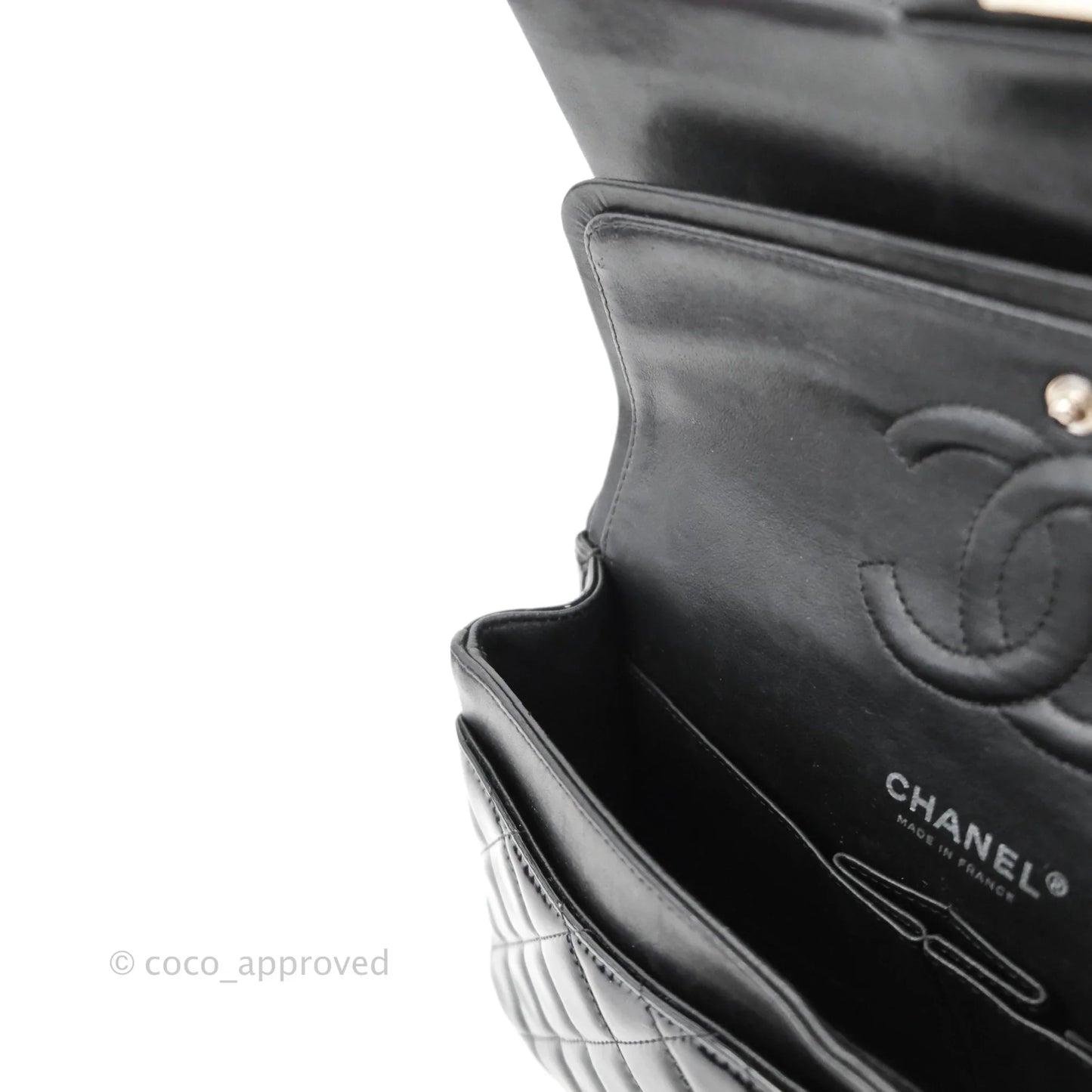 Chanel Classic Quilted M/L Medium Double Flap Black Patent Silver Hardware