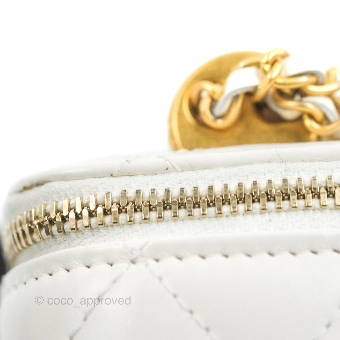 Chanel Quilted Mini Perfect Fit Vanity With Chain White Calfskin Aged Gold Hardware