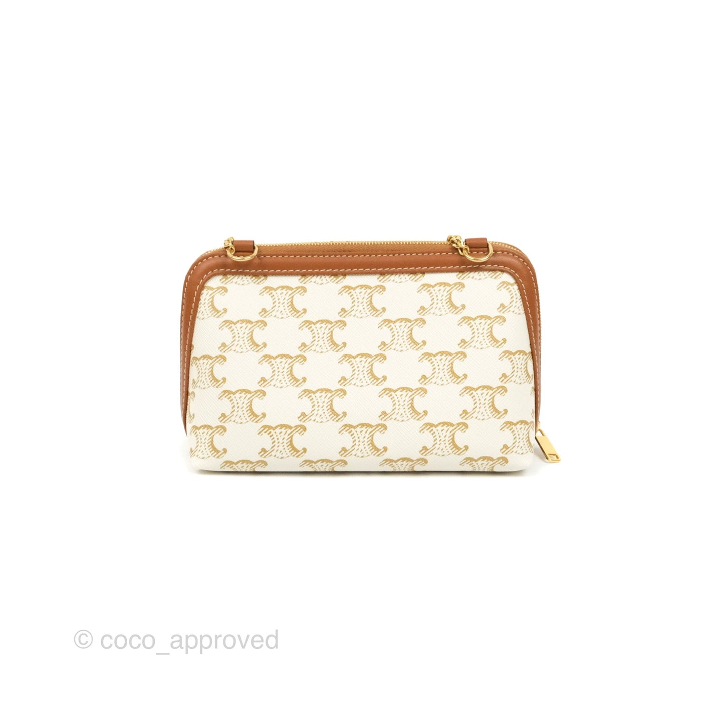 Celine Clutch With Chain Triomphe Canvas Lambskin White/Tan