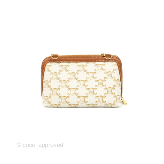 Celine Clutch With Chain Triomphe Canvas Lambskin White/Tan