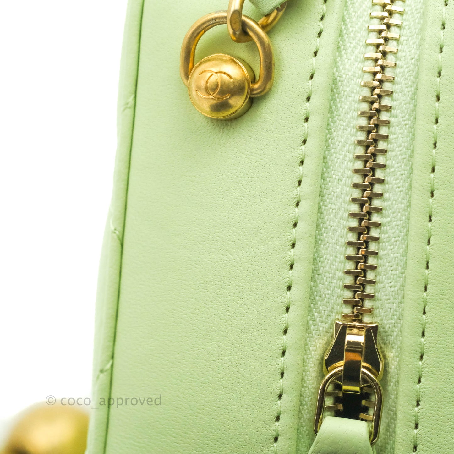 Chanel Mini Pearl Crush Quilted Camera Case Pastel Green Lambskin Aged Gold Hardware