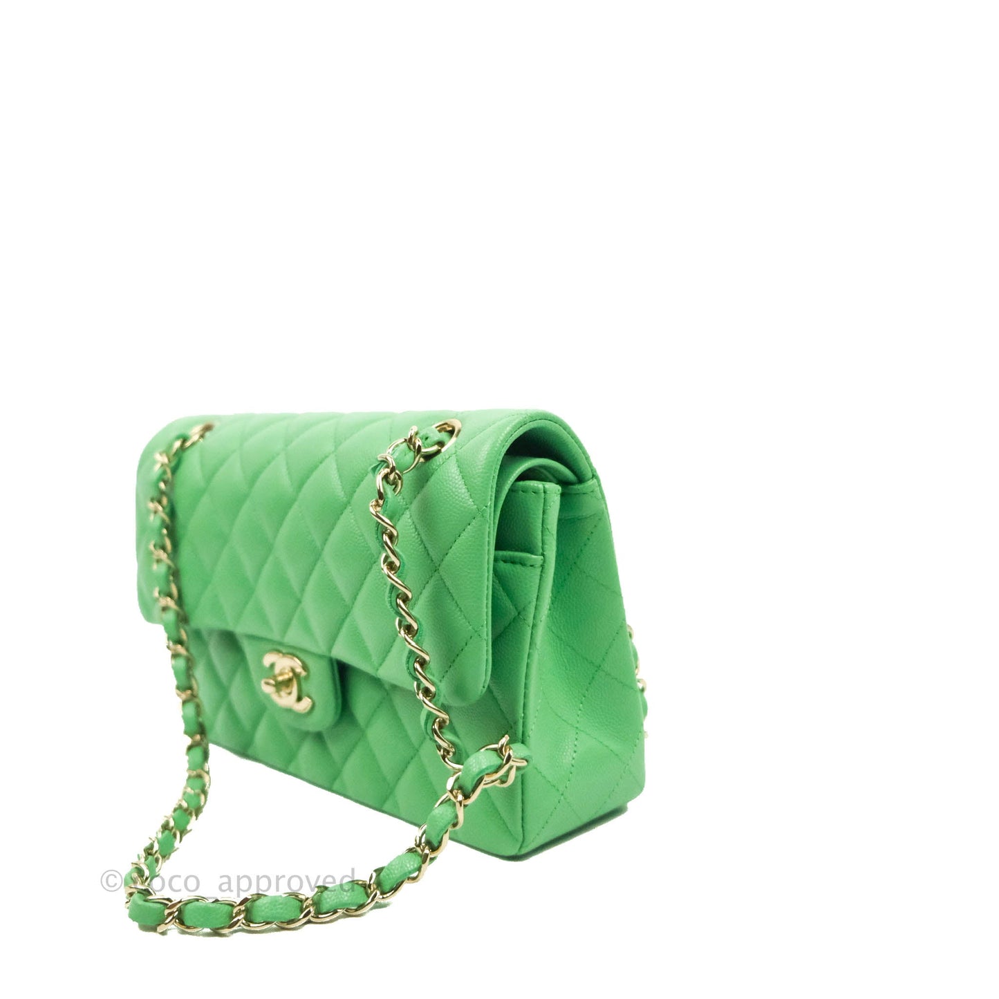 Chanel Small Classic Quilted Flap Green Caviar Gold Hardware