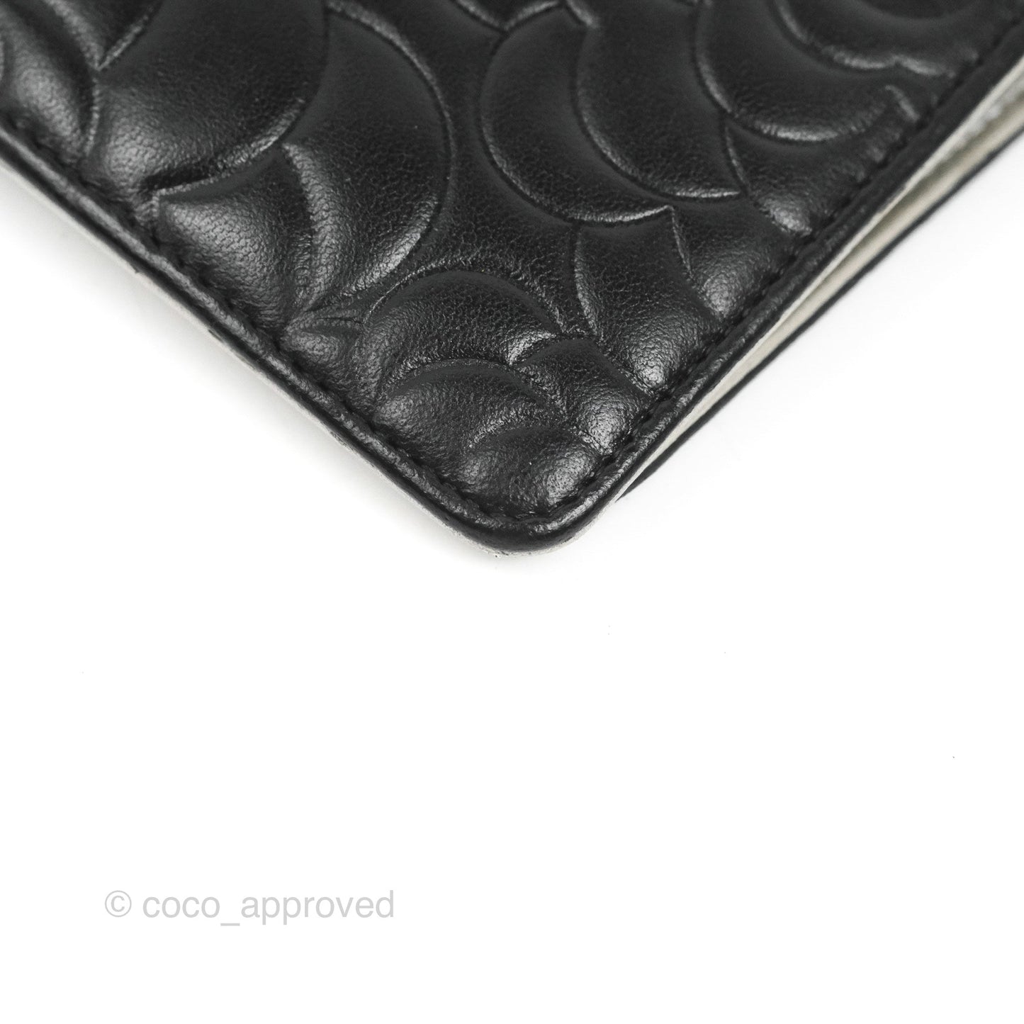 Chanel Yen Camellia Embossed Wallet Black Lambskin Silver Hardware
