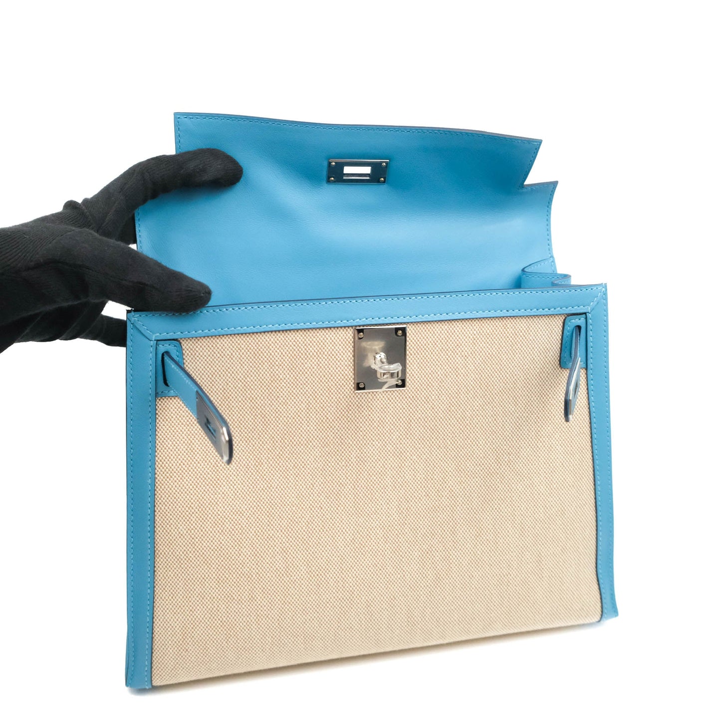 Hermès Kelly 28 Bleu Du Nord Swift & Ecru-beige Toile H Palladium Hardware