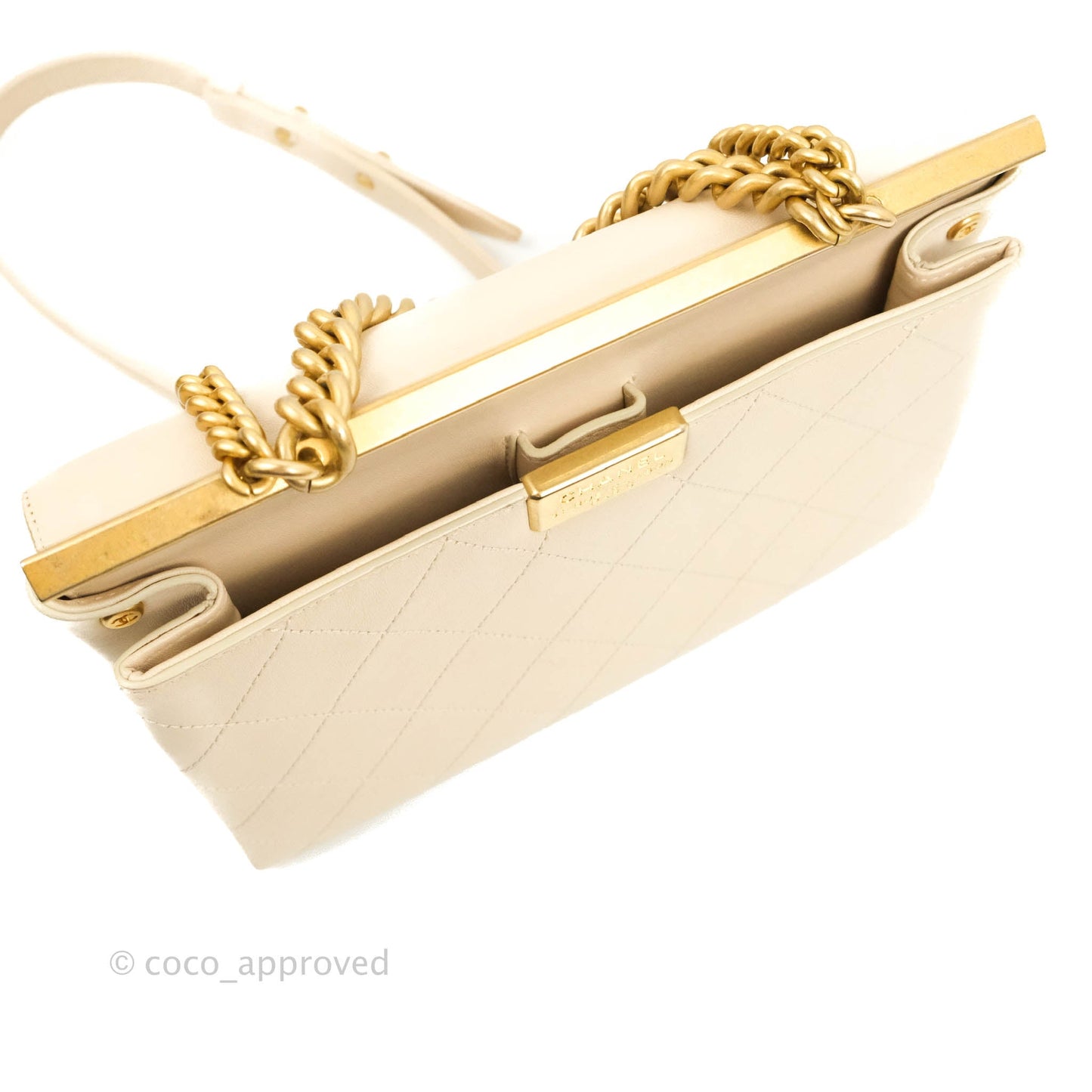 Chanel Small Flat Quilted Coco Luxe Flap Bag Light Beige Aged Gold Hardware
