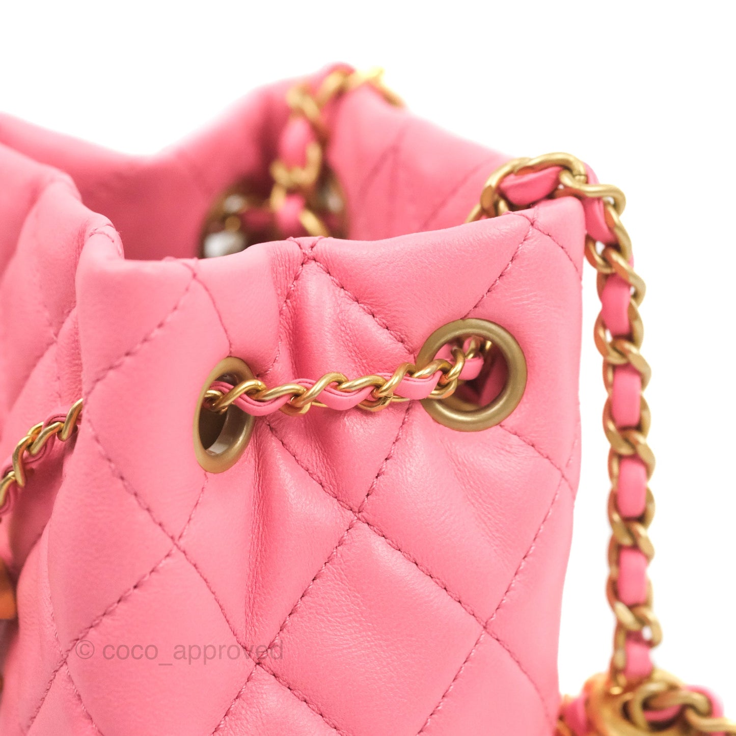 Chanel Quilted Crystal Pearl Crush Drawstring Bucket Bag Pink Lambskin Gold Hardware