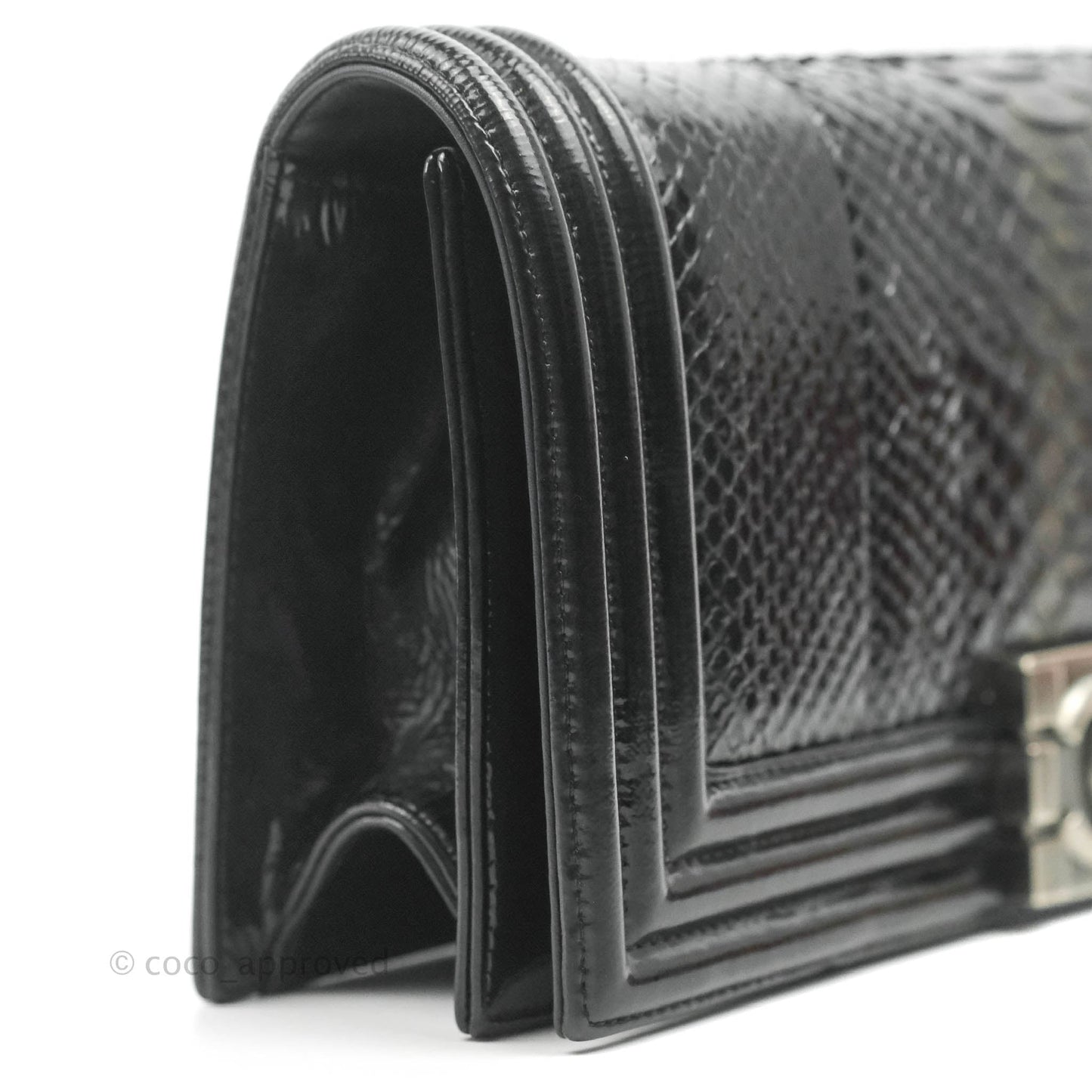 Chanel Boy Clutch Python Patent Black Ruthenium Hardware