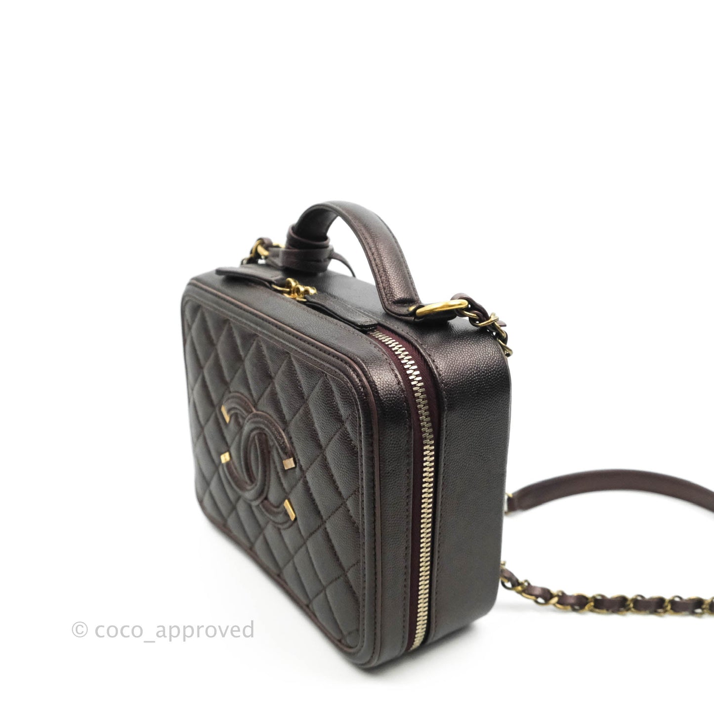 Chanel Quilted Medium CC Filigree Vanity Case Iridescent Burgundy Caviar Gold Hardware