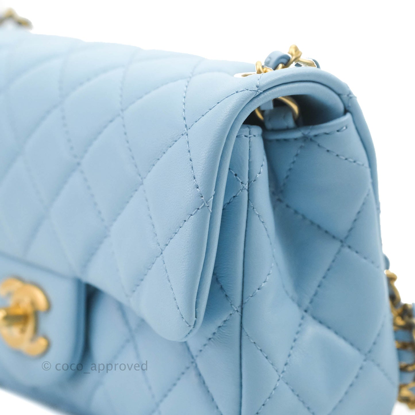 Chanel Mini Rectangular Pearl Crush Quilted Blue Lambskin Aged Gold Hardware