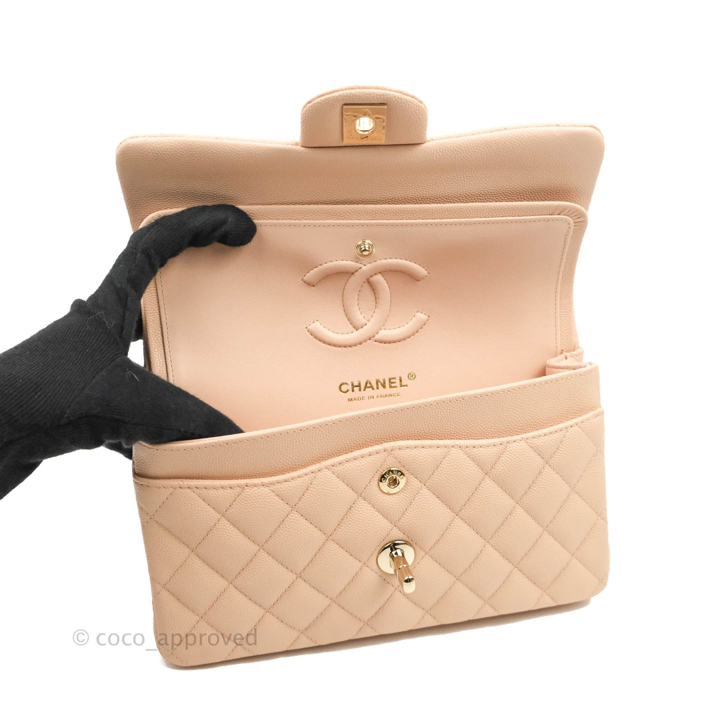 Chanel Small Classic Quilted Flap Light Beige Pink Caviar Gold Hardware 22C