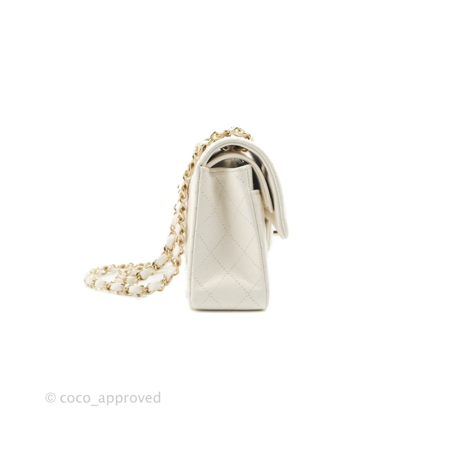 Chanel Small S/M Classic Quilted Flap White Caviar Gold Hardware 21S