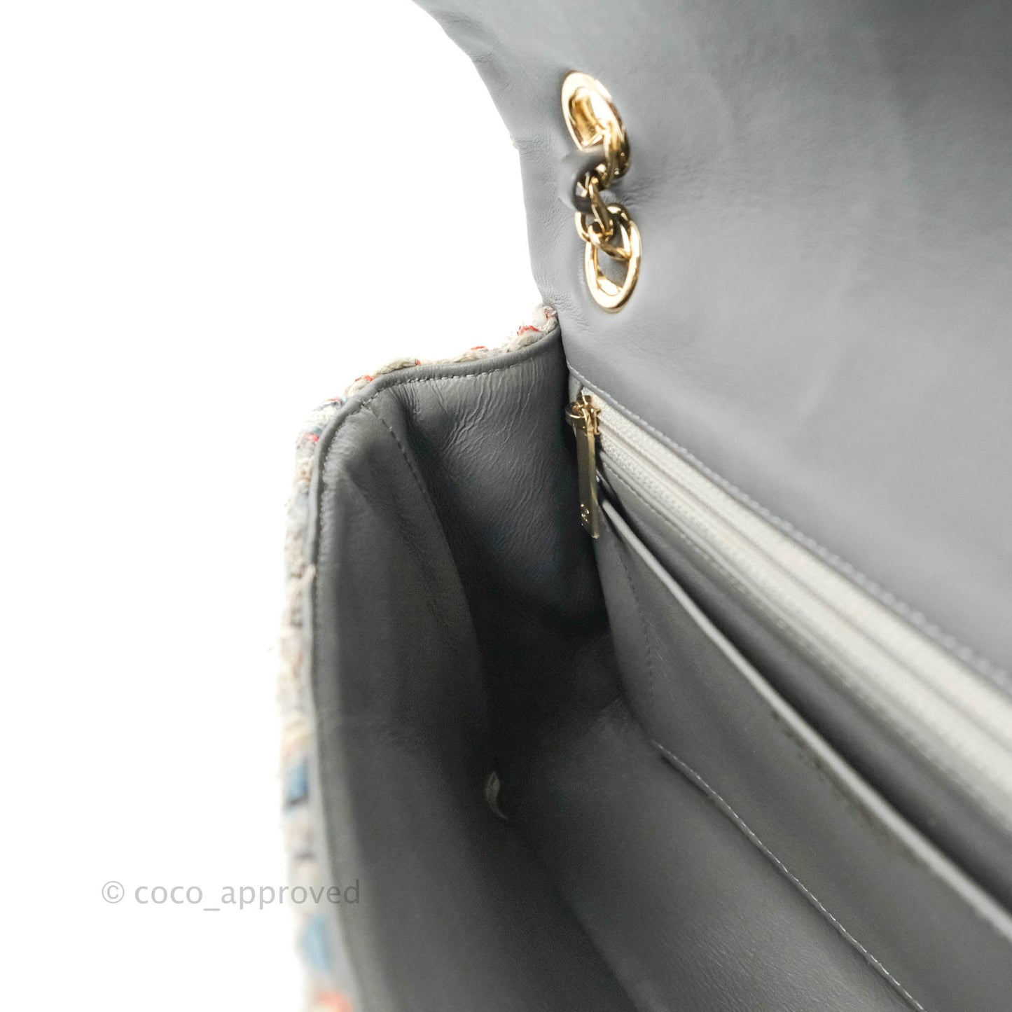 Chanel M/L Medium Single Flap Grey Tweed Braided Gold Hardware