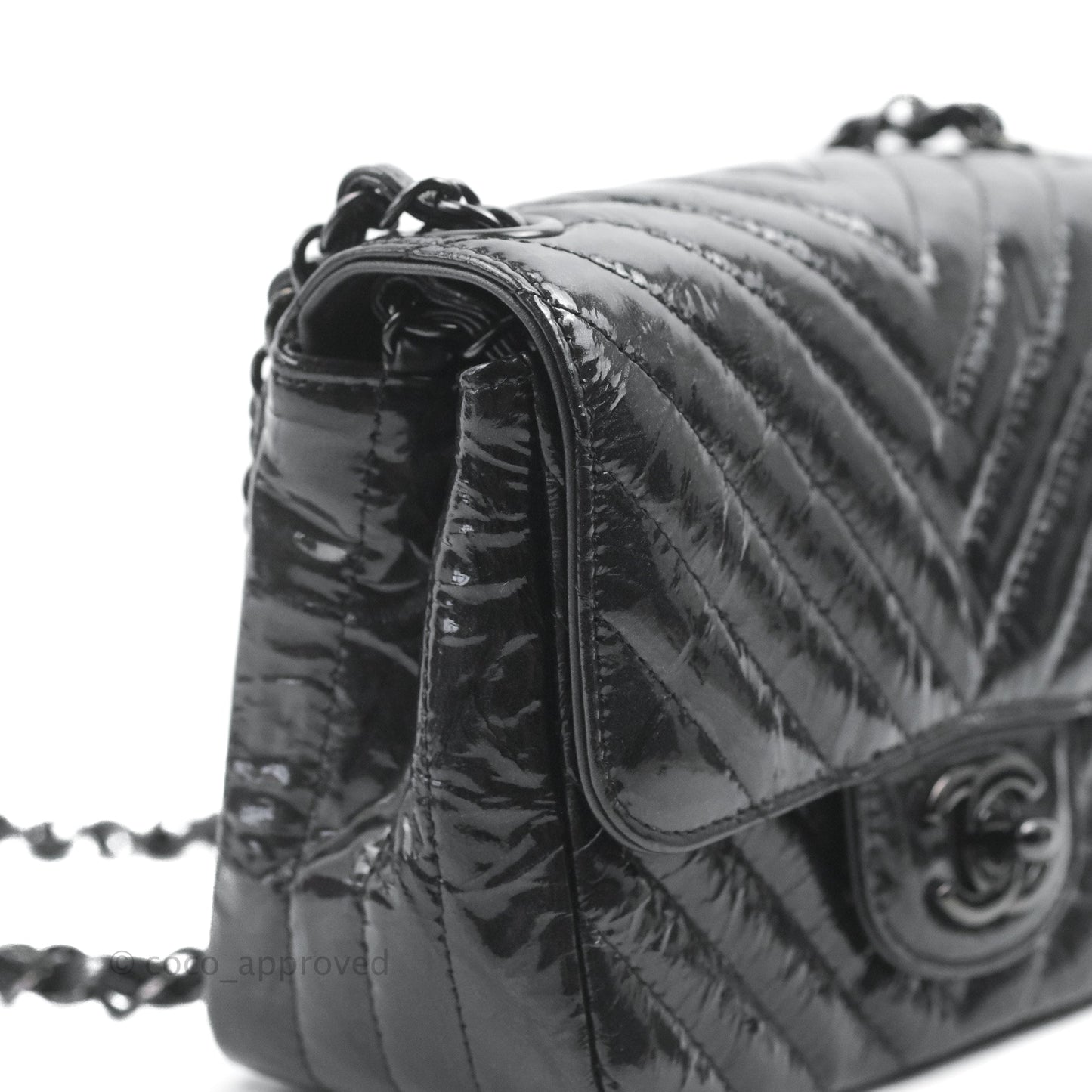 Chanel Mini Square Chevron Flap Black Crumpled Metallic Patent So Black