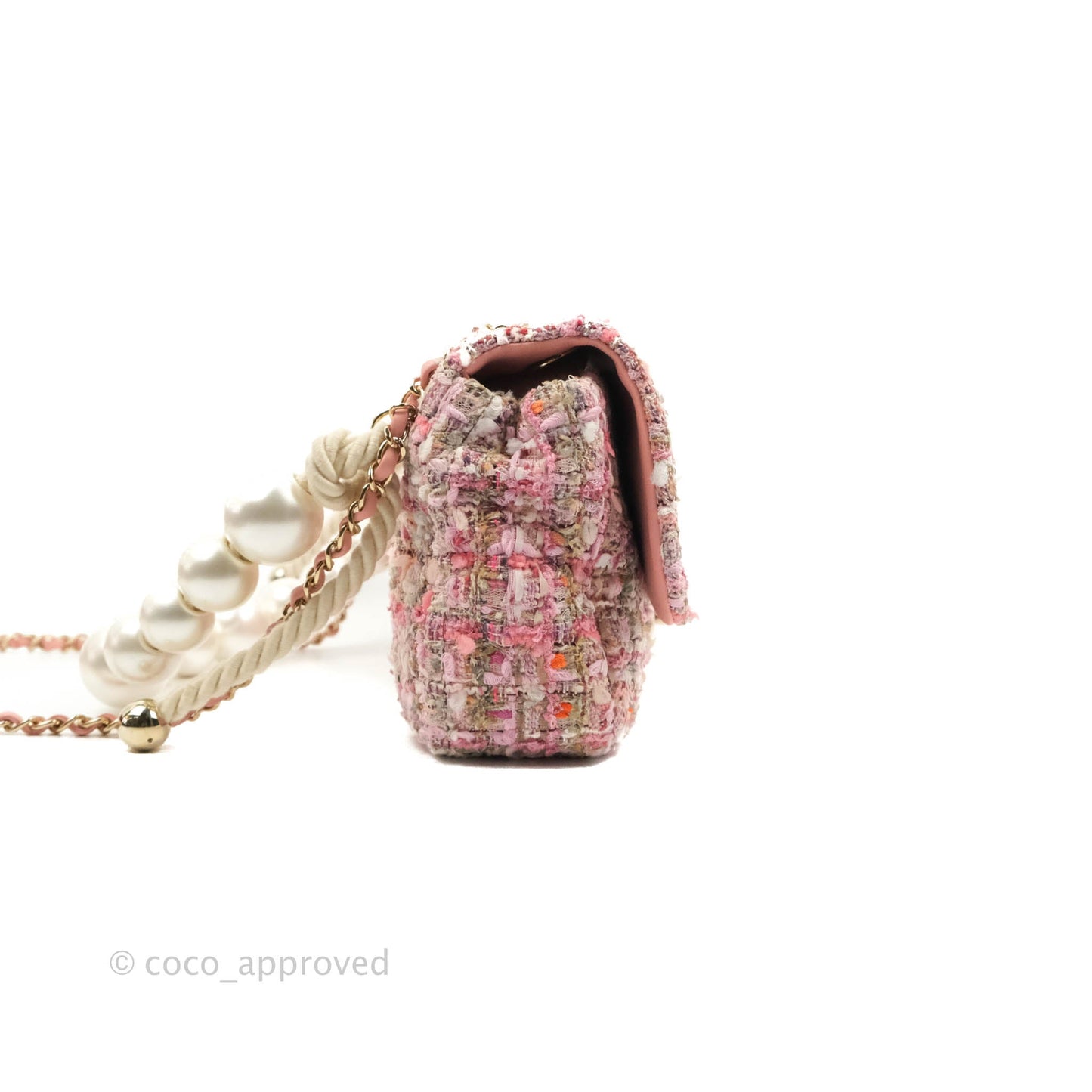 Chanel Medium Pink Tweed Flap Bag With Large Pearl Handle Gold Hardware