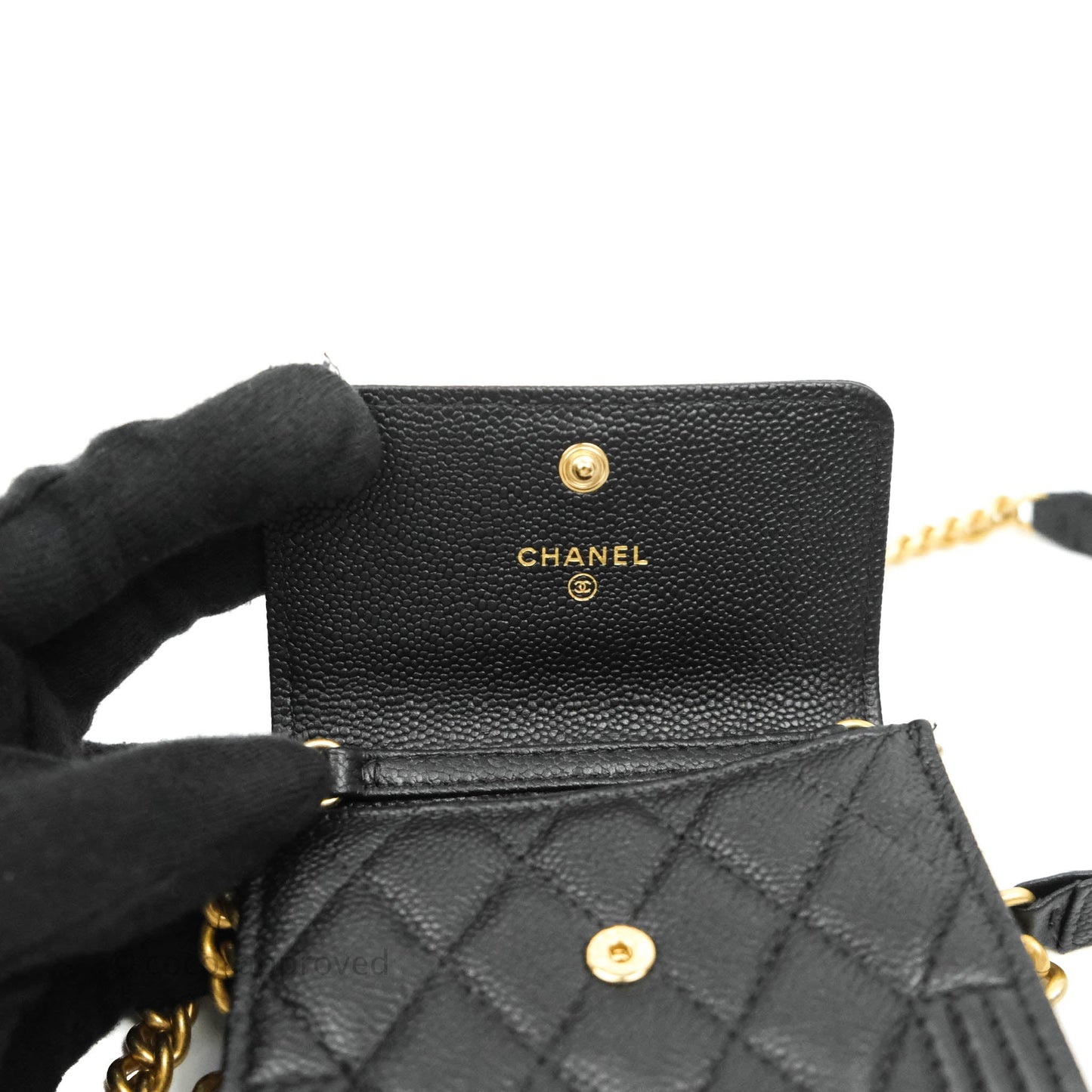 Chanel Boy Card Holder With Chain Black Caviar Gold Hardware