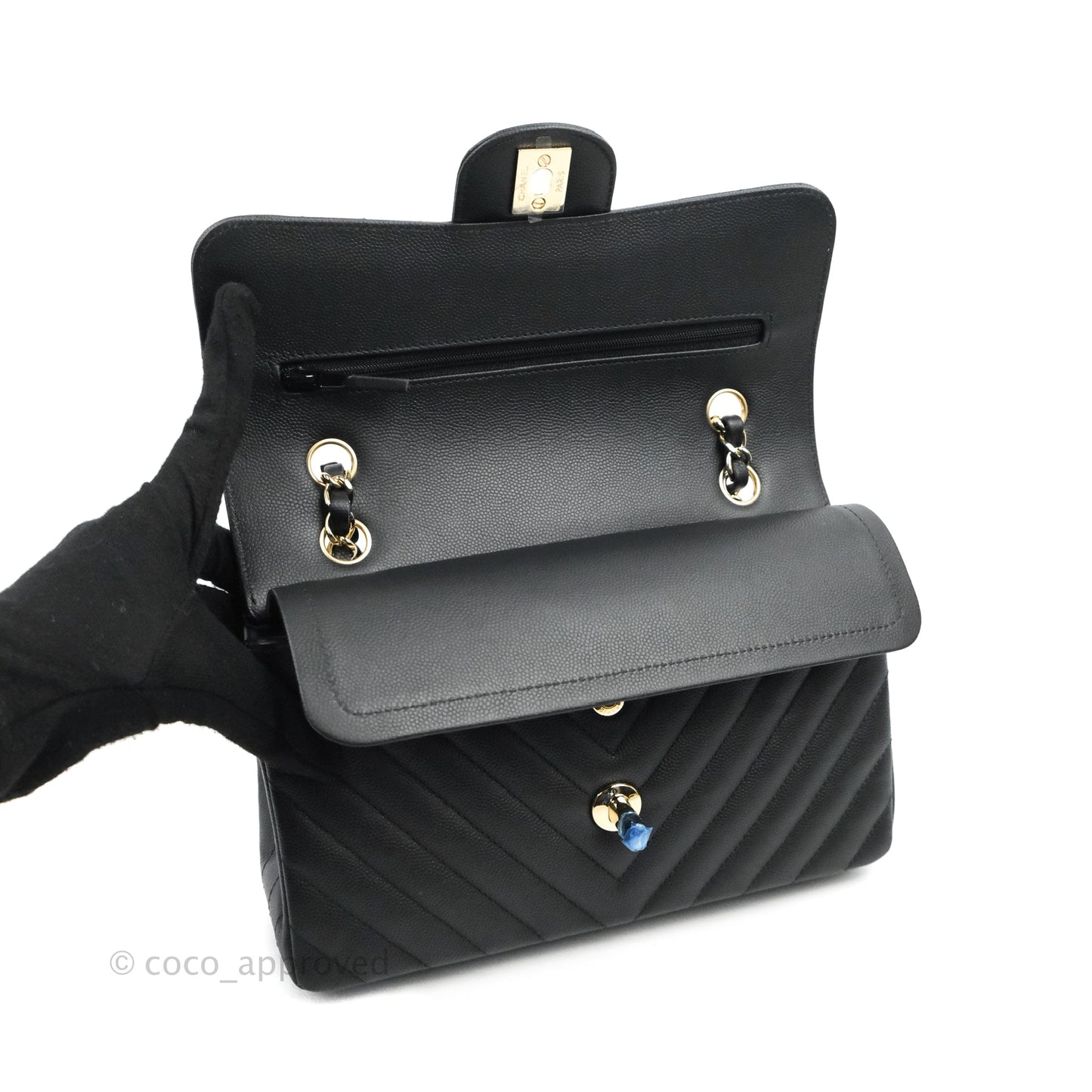 Chanel Classic Chevron S/M Small Double Flap Black Caviar Gold Hardware