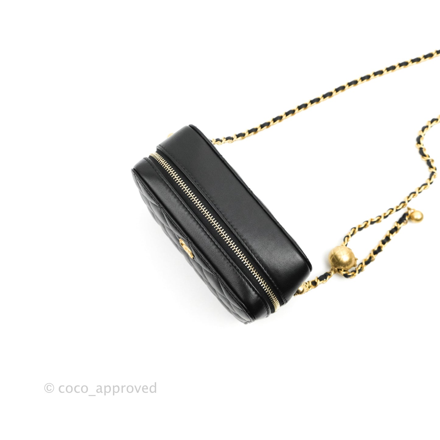Chanel Mini Pearl Crush Quilted Camera Case Black Lambskin Aged Gold Hardware