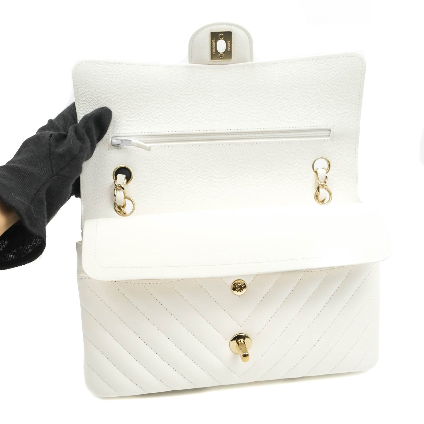Chanel Chevron M/L Medium Double Flap White Caviar Gold Hardware