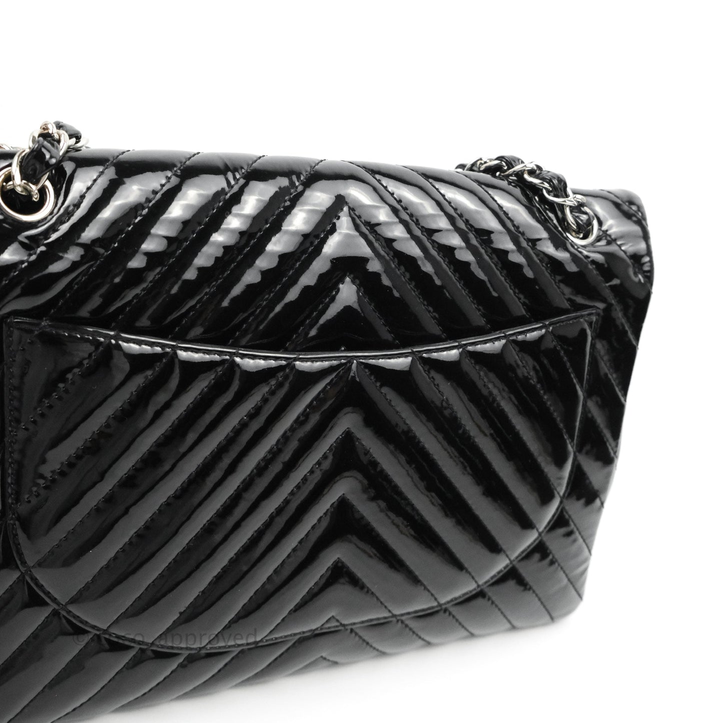 Chanel Single Flap Maxi Chevron Black Patent Silver Hardware
