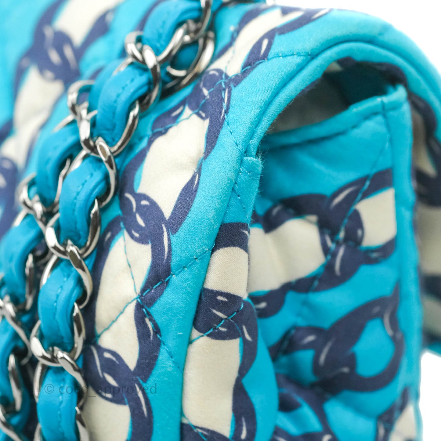 Chanel Medium Single Flap Chain Printed in Blue Silk Gun Metal