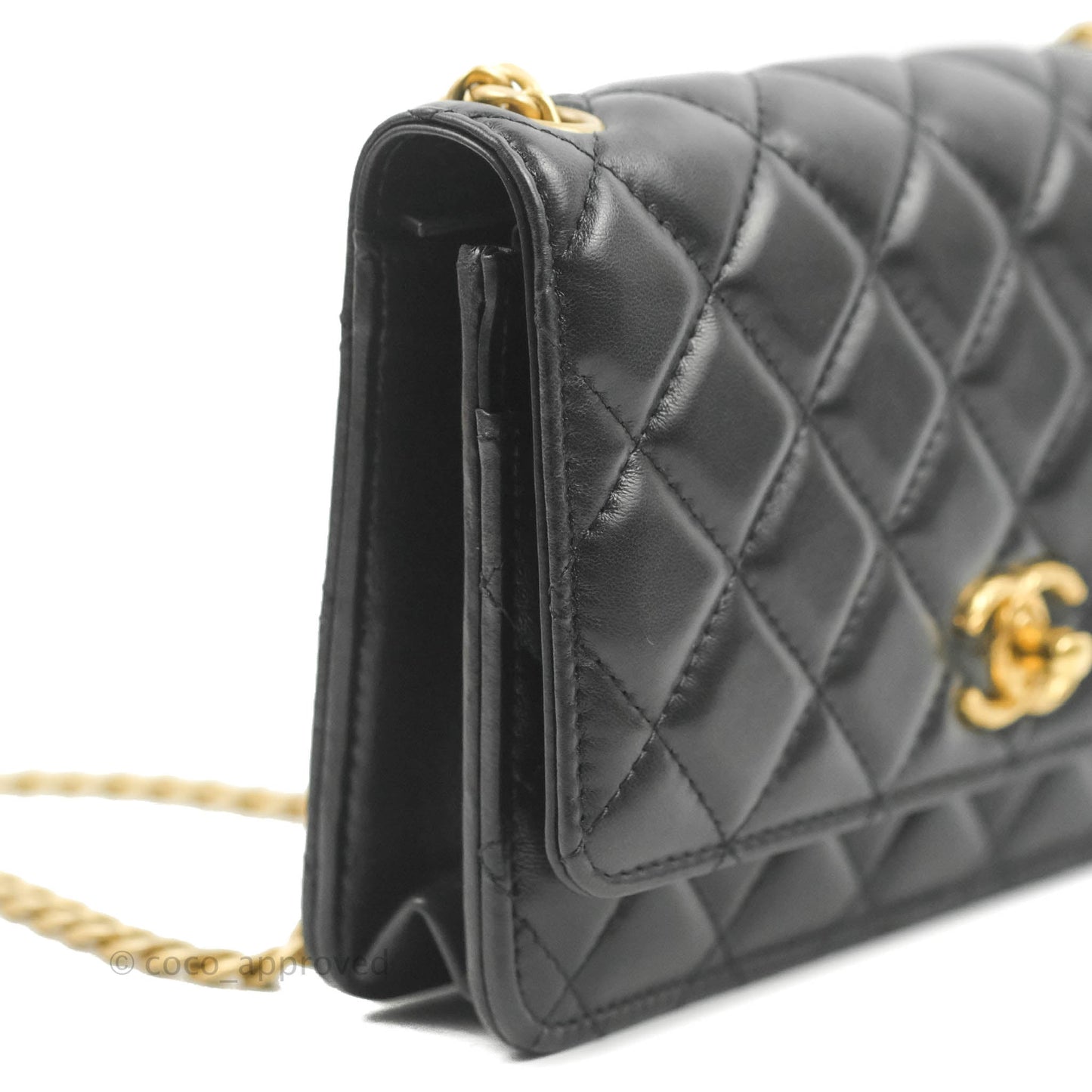 Chanel Quilted Wallet on Chain WOC Adjustable Chain Black Lambskin Aged Gold Hardware 22K