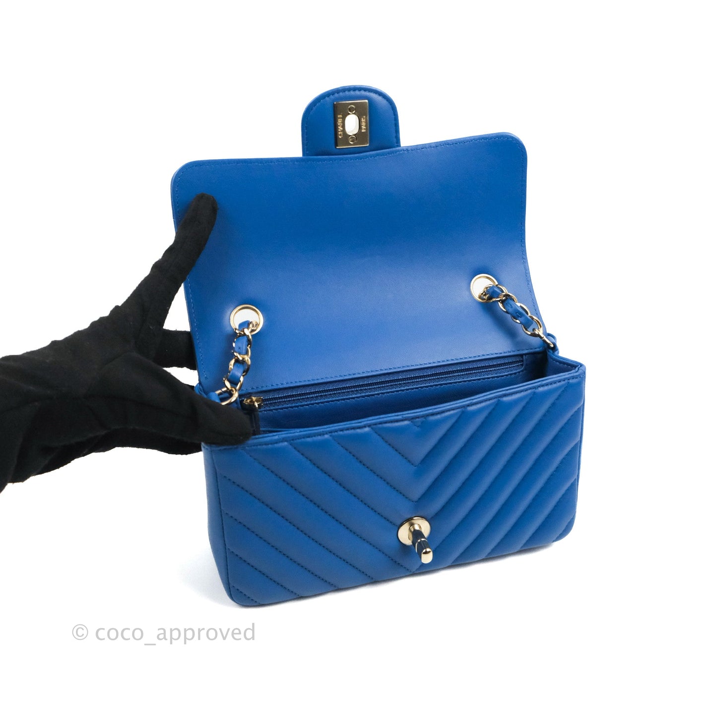 Chanel Chevron Mini Rectangular Flap Blue Lambskin Light Gold Hardware