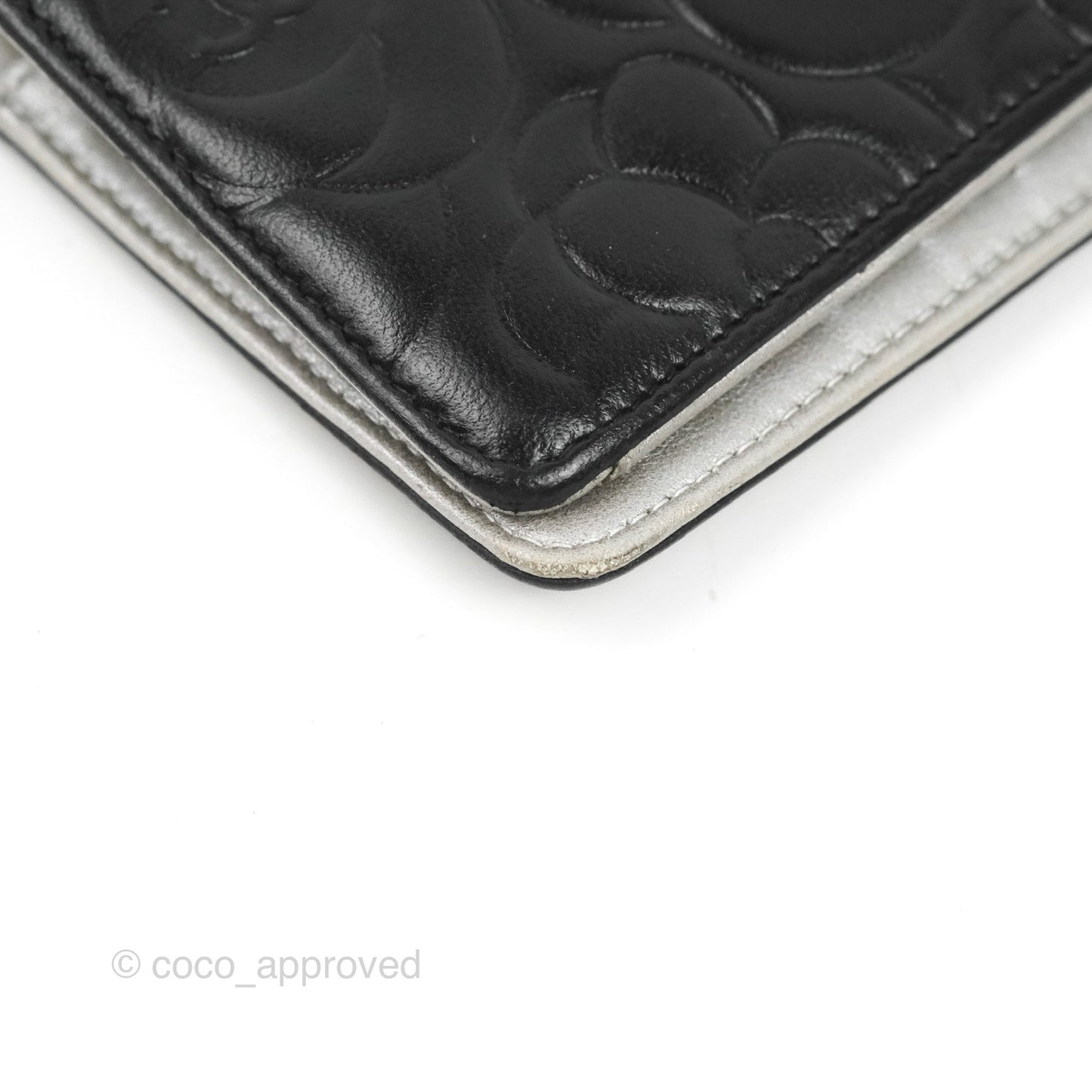 Chanel Yen Camellia Embossed Wallet Black Lambskin Silver Hardware