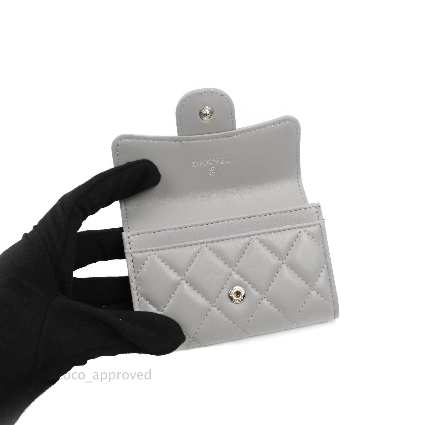 Chanel Quilted Flap Card Holder Grey Lambskin Silver Hardware