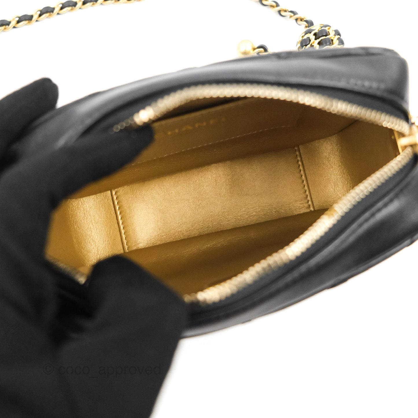 Chanel Quilted CC Pearl Crush Camera Case Black Lambskin Gold Hardware