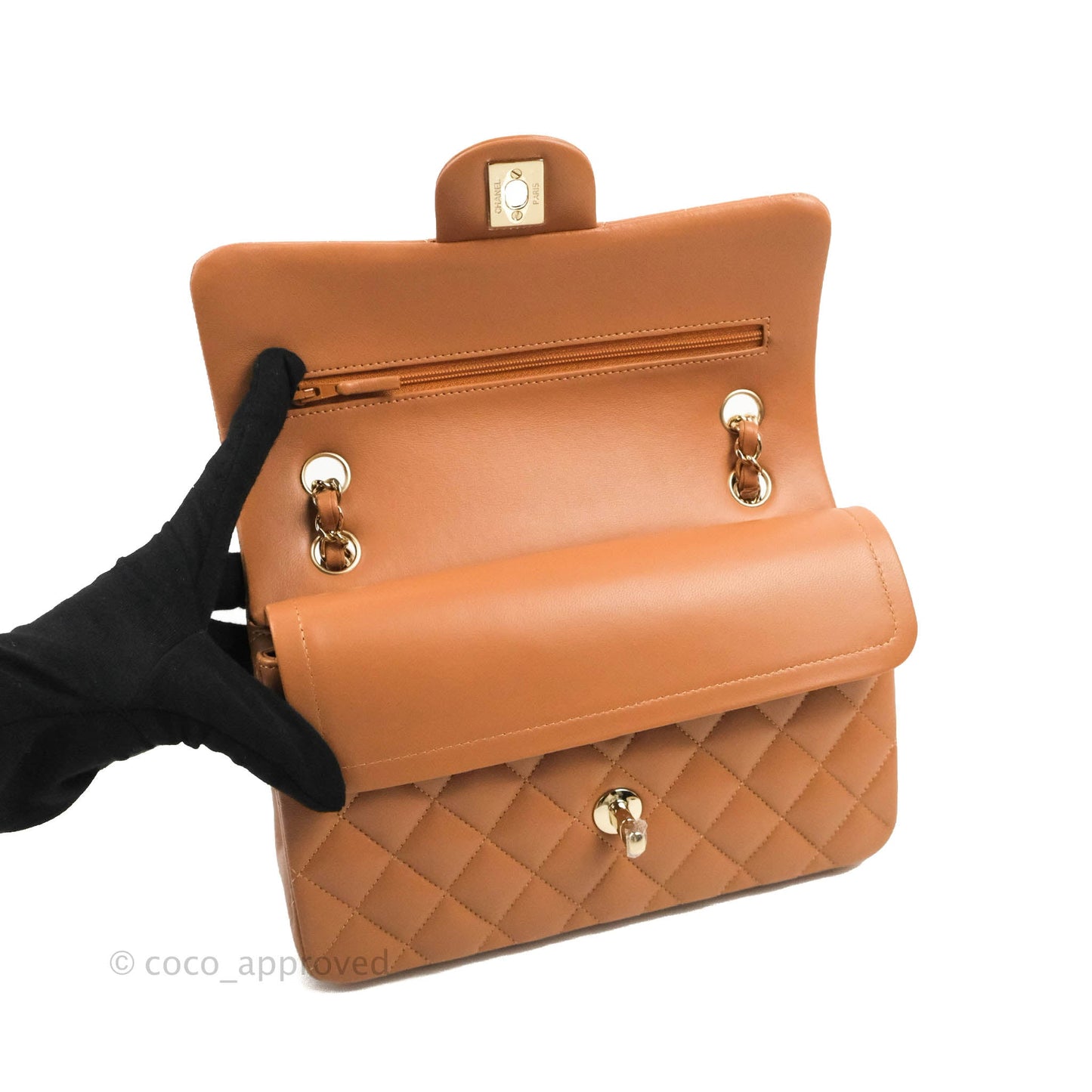 Chanel Small Classic Quilted Flap Dark Beige Caramel Lambskin Gold Hardware 22S