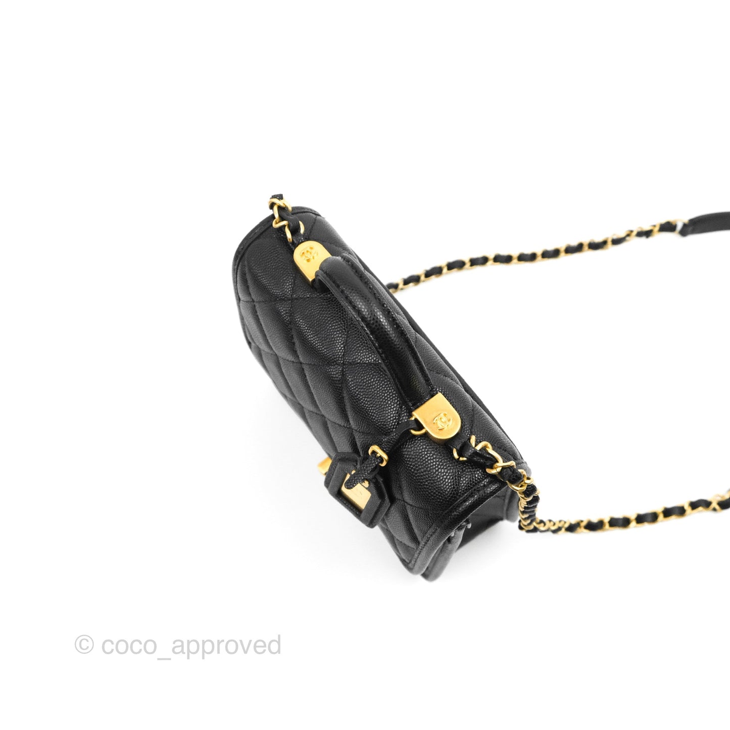Chanel Mini School Memory Top Handle Flap Bag Black Caviar Aged Gold Hardware
