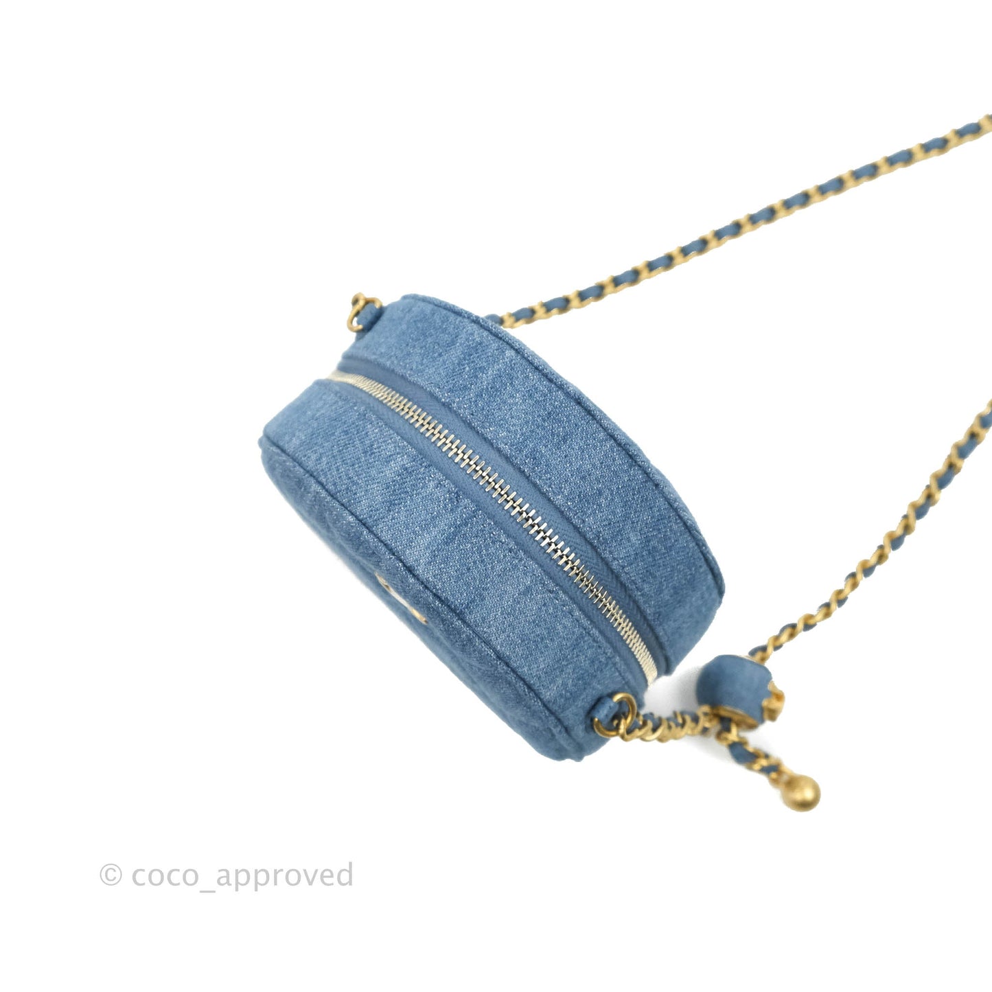 Chanel Quilted Pearl Crush Round Clutch With Chain Denim Aged Gold Hardware