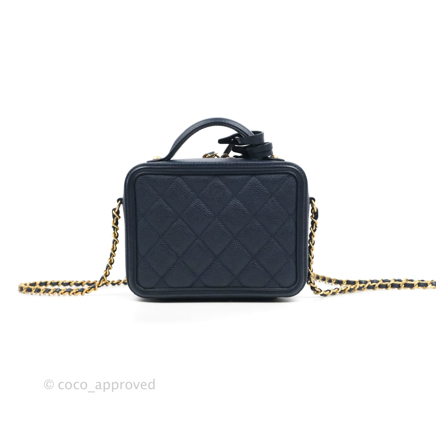 Chanel Quilted Small CC Filigree Vanity Case Navy Caviar Gold Hardware