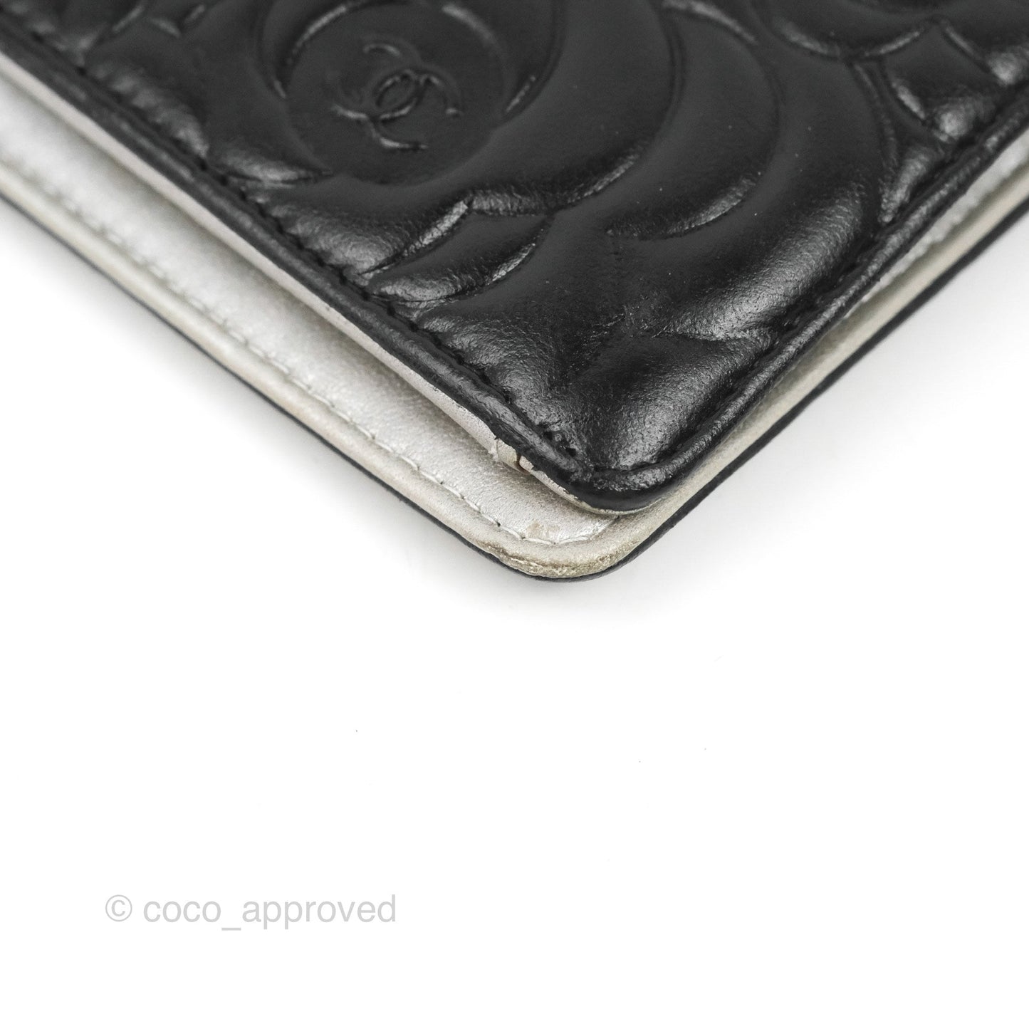 Chanel Yen Camellia Embossed Wallet Black Lambskin Silver Hardware