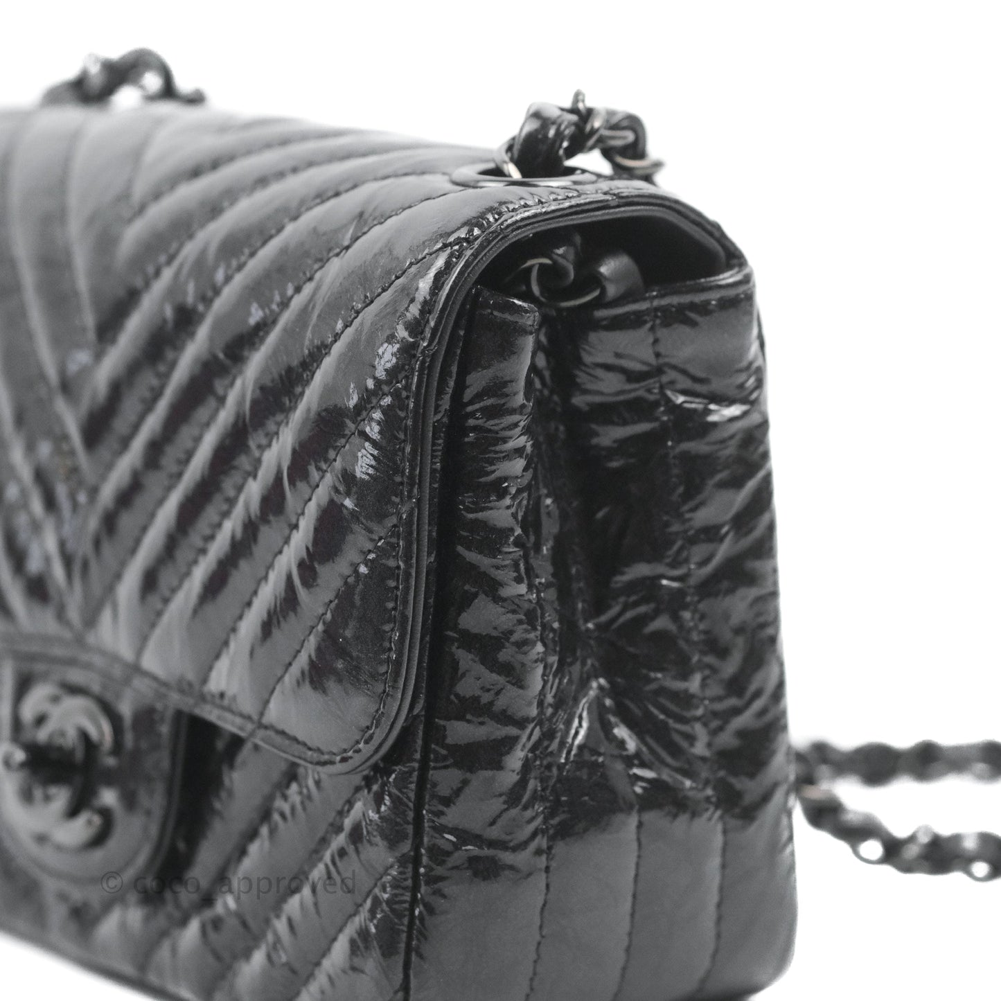 Chanel Mini Square Chevron Flap Black Crumpled Metallic Patent So Black