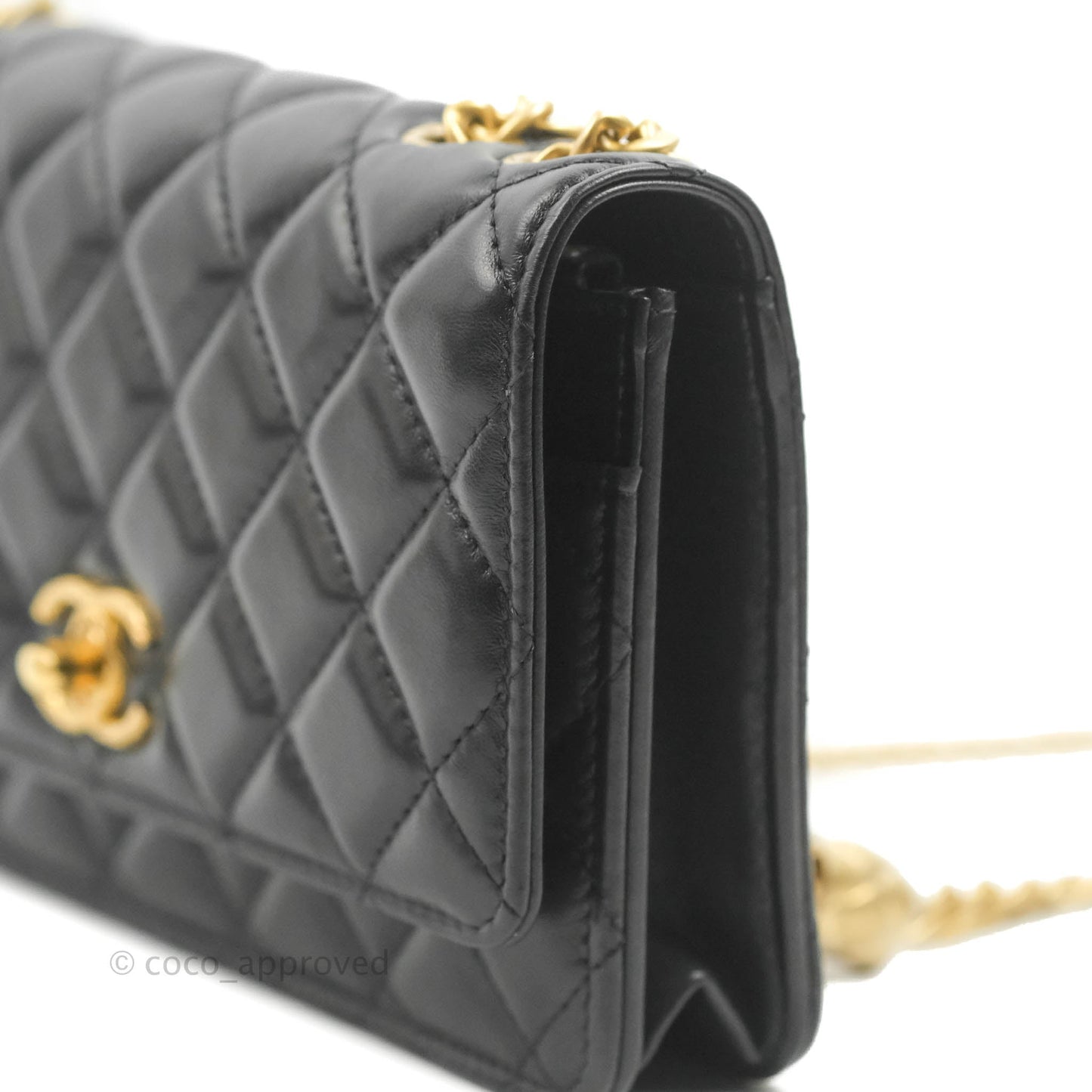 Chanel Quilted Wallet on Chain WOC Adjustable Chain Black Lambskin Aged Gold Hardware 22K
