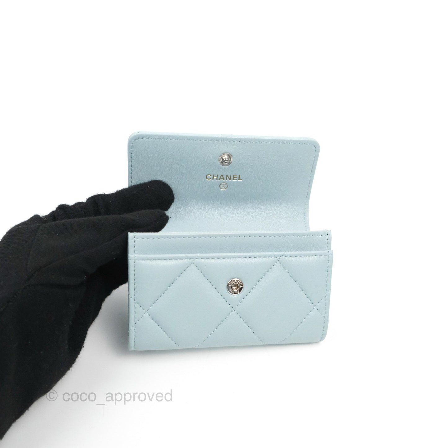 Chanel 19 Quilted Flap Card Holder Light Blue Lambskin