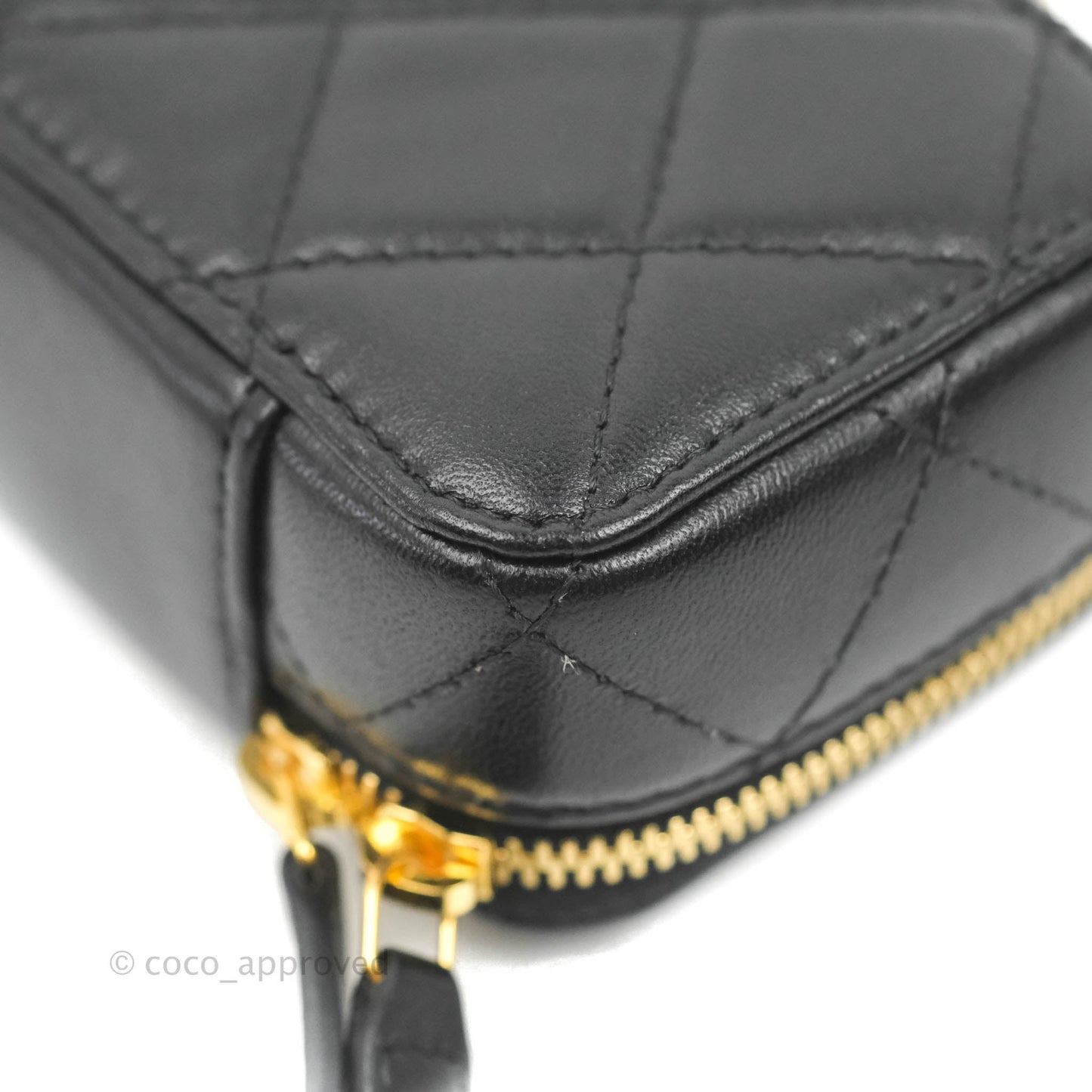 Chanel Metal Quilted Extra Mini Vanity Case With Chain Black Gold Lambskin