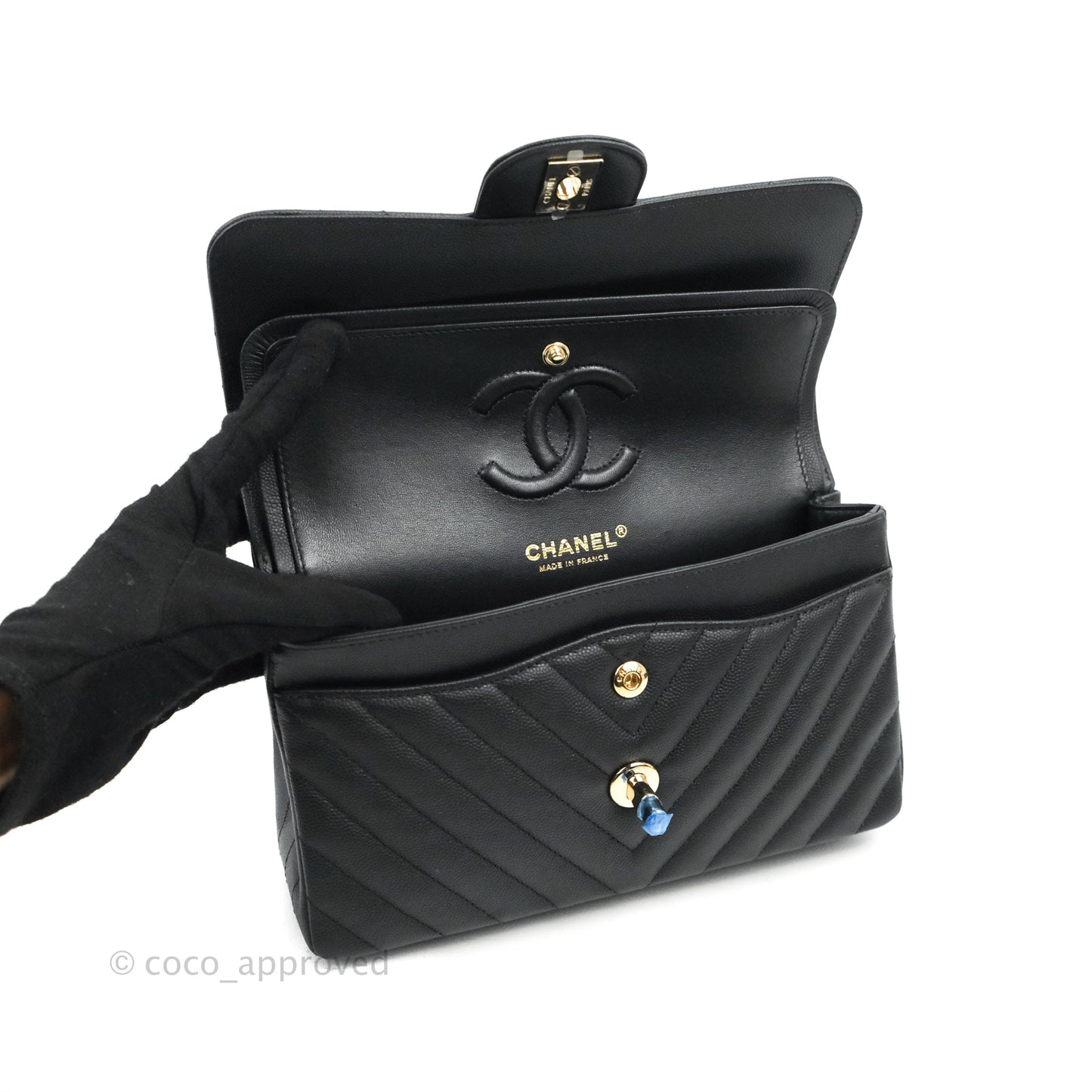 Chanel Classic Chevron S/M Small Double Flap Black Caviar Gold Hardware